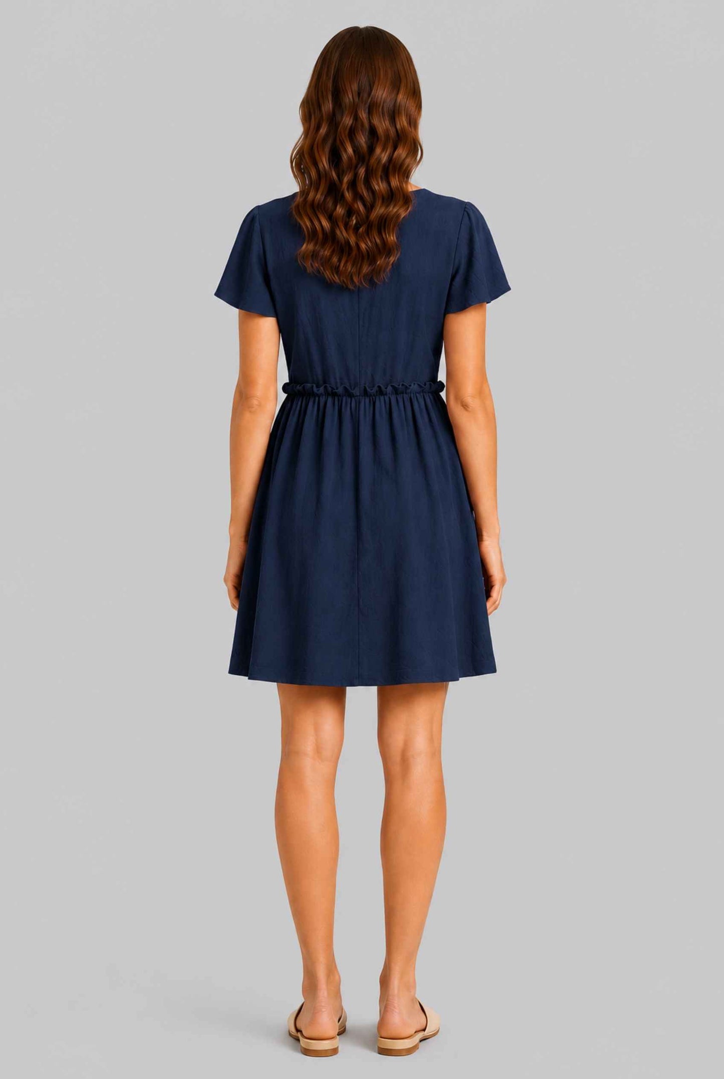Virtual Model wearing The Delia Buttoned Mini Navy Flutter Sleeve Ruffled Dress
