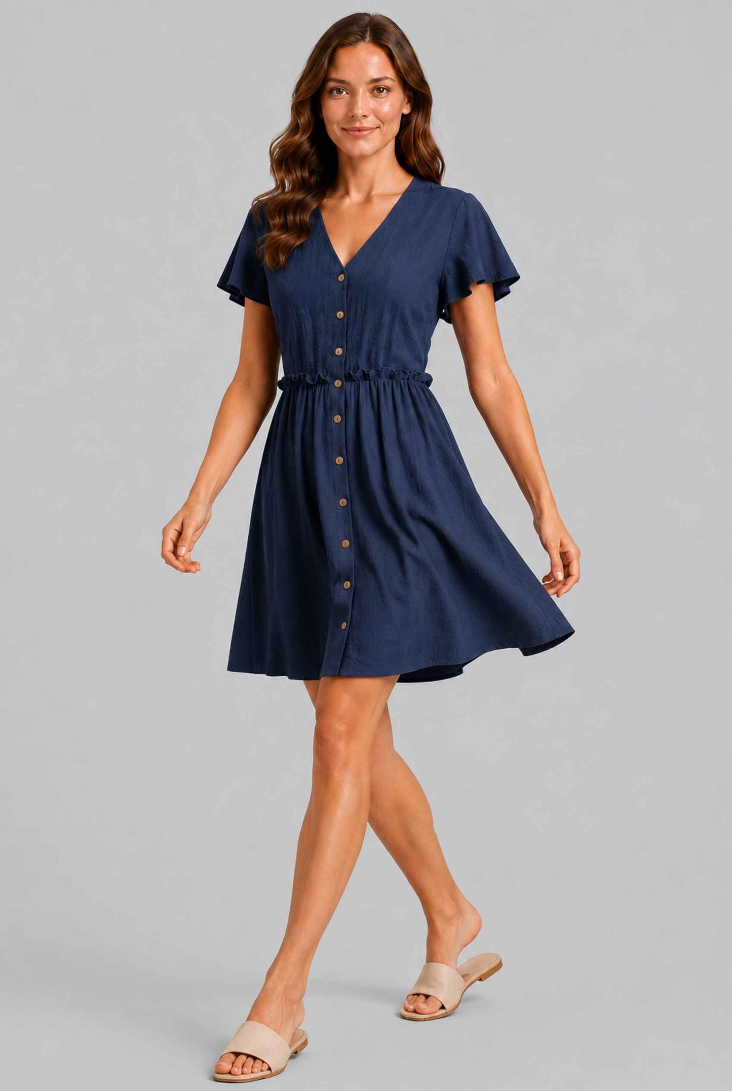 Virtual Model wearing The Delia Buttoned Mini Navy Flutter Sleeve Ruffled Dress