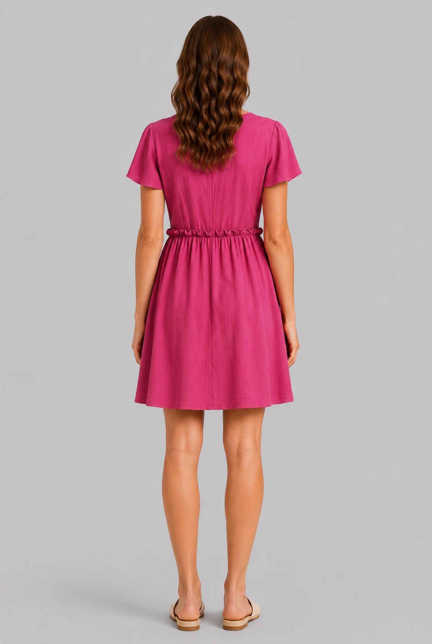 Virtual Model wearing The Delia Buttoned Mini Pink Flutter Sleeve Ruffled Dress