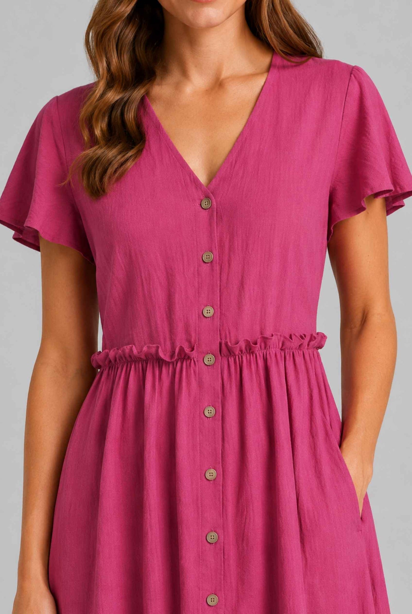 Virtual Model wearing The Delia Buttoned Mini Pink Flutter Sleeve Ruffled Dress