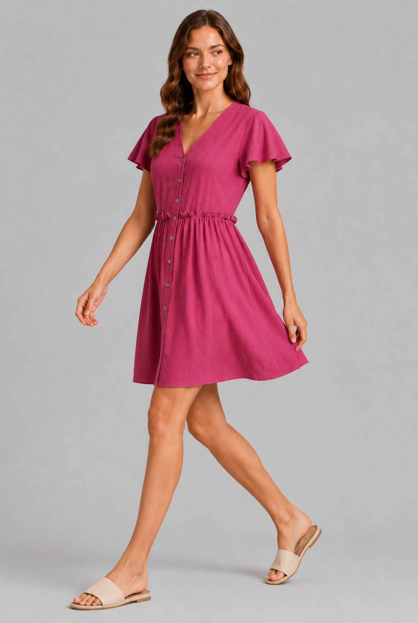 Virtual Model wearing The Delia Buttoned Mini Pink Flutter Sleeve Ruffled Dress