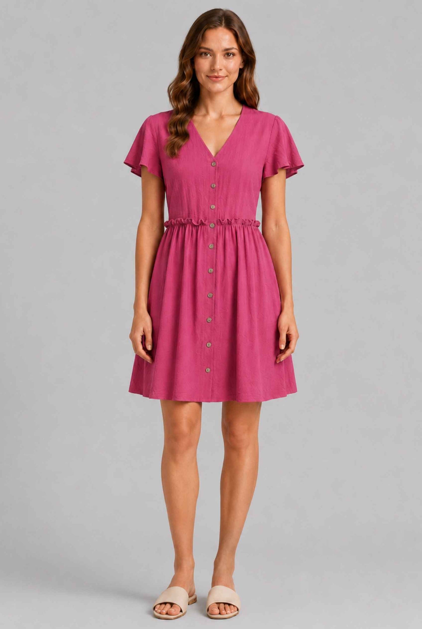 Virtual Model wearing The Delia Buttoned Mini Pink Flutter Sleeve Ruffled Dress