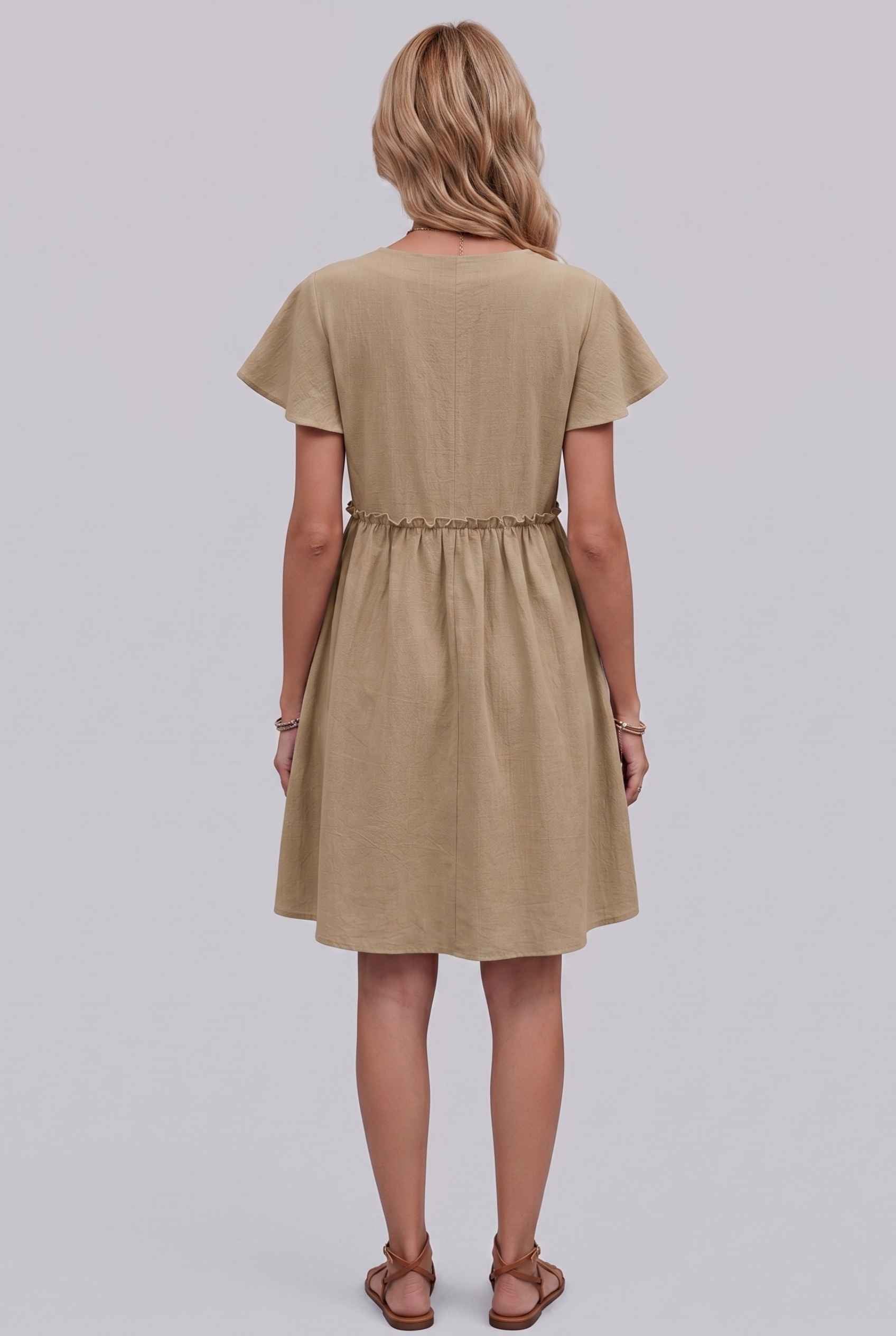Virtual Model Wearing The Delia Buttoned Mini Flutter Sleeve Ruffled Beige Dress