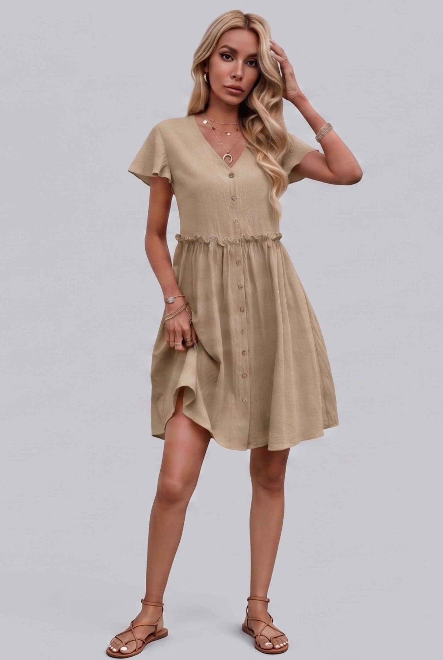 Virtual Model Wearing The Delia Buttoned Mini Flutter Sleeve Ruffled Beige Dress
