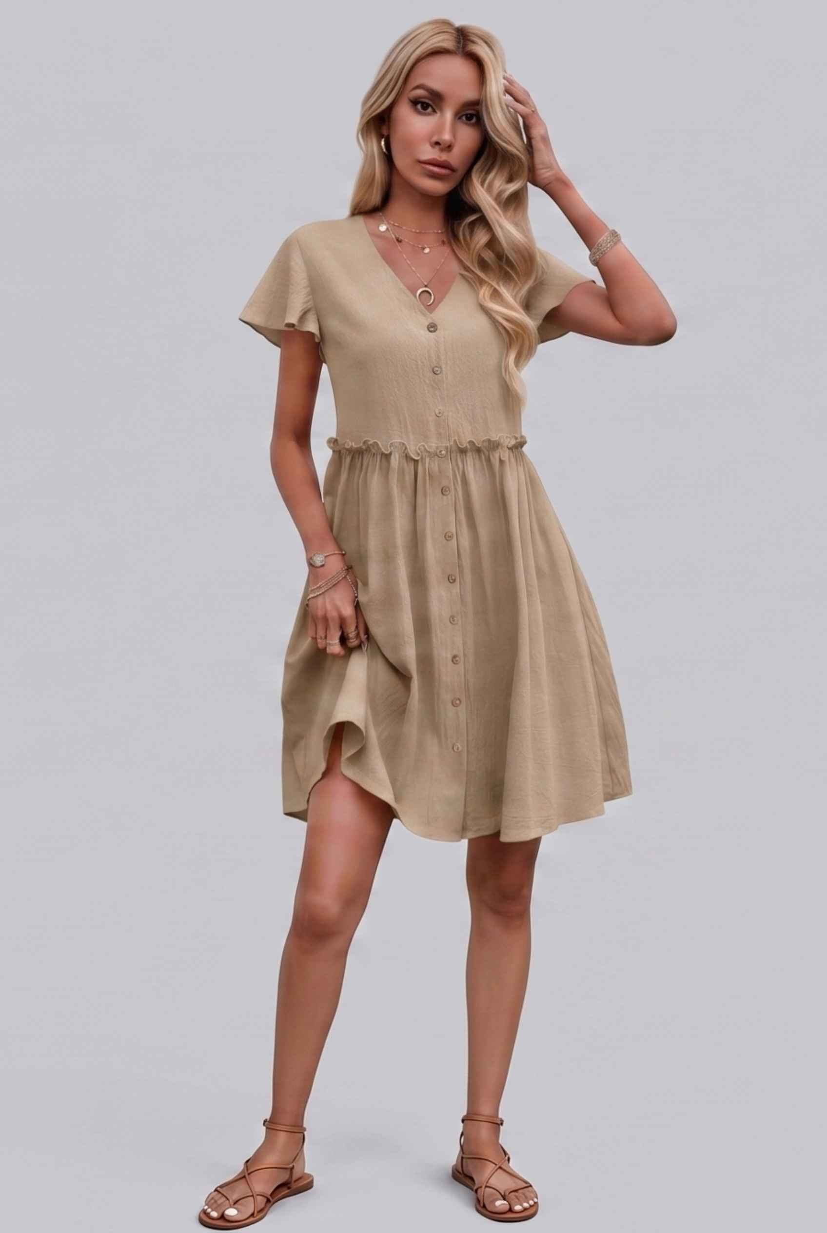 Virtual Model Wearing The Delia Buttoned Mini Flutter Sleeve Ruffled Beige Dress