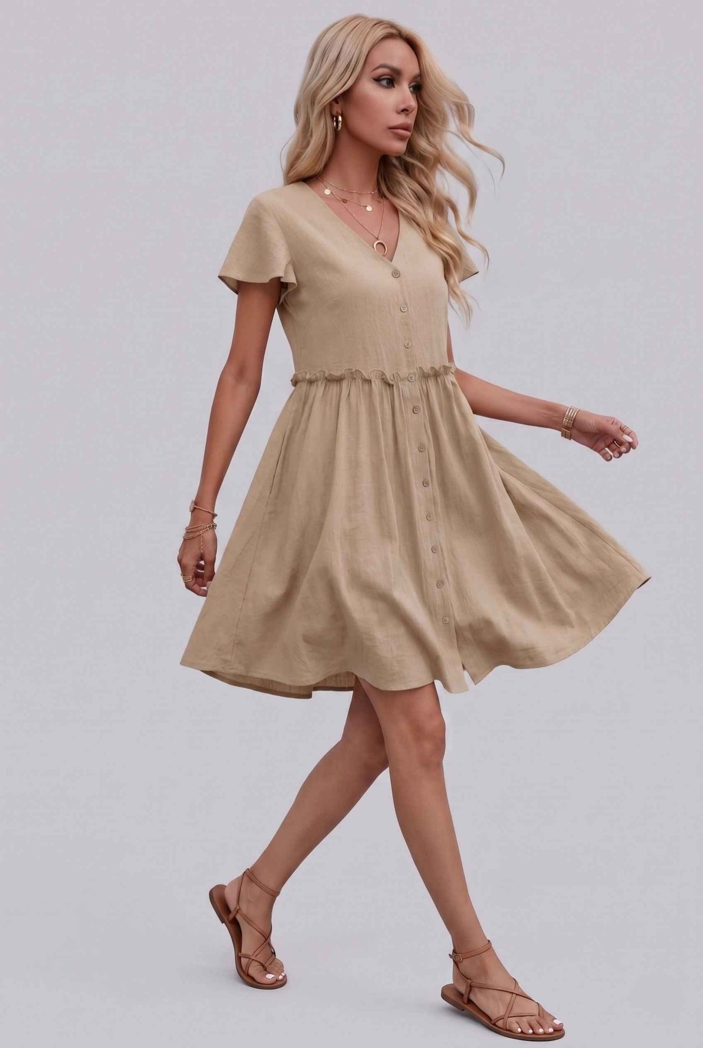 Virtual Model Wearing The Delia Buttoned Mini Flutter Sleeve Ruffled Beige Dress