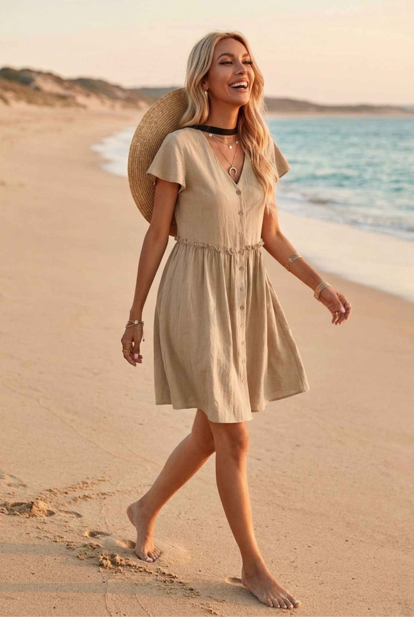 Virtual Model Wearing The Delia Buttoned Mini Flutter Sleeve Ruffled Beige Dress