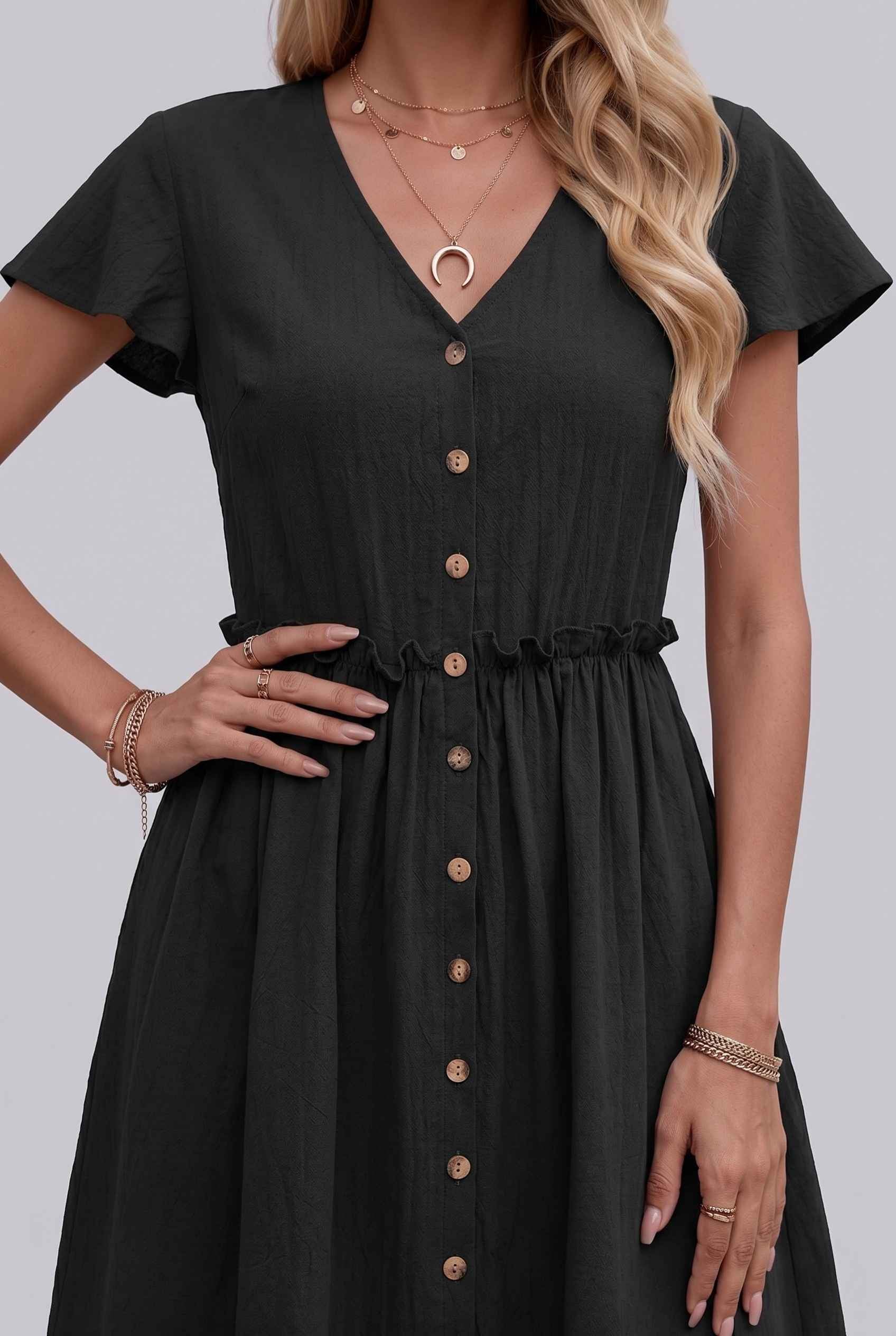 Virtual Model Wearing The Delia Buttoned Mini Flutter Sleeve Ruffled Black Dress