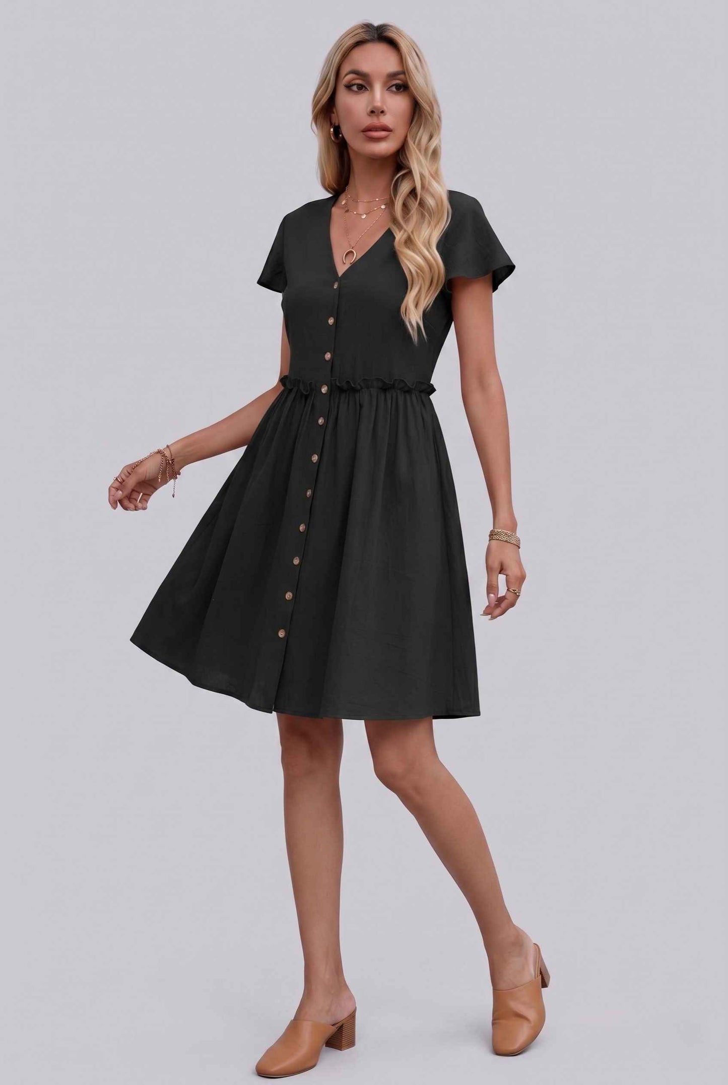 Virtual Model Wearing The Delia Buttoned Mini Flutter Sleeve Ruffled Black Dress