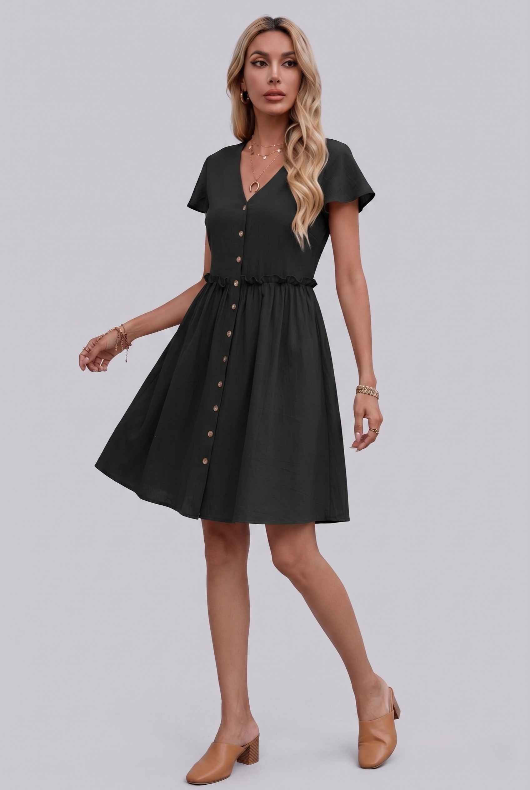 Virtual Model Wearing The Delia Buttoned Mini Flutter Sleeve Ruffled Black Dress
