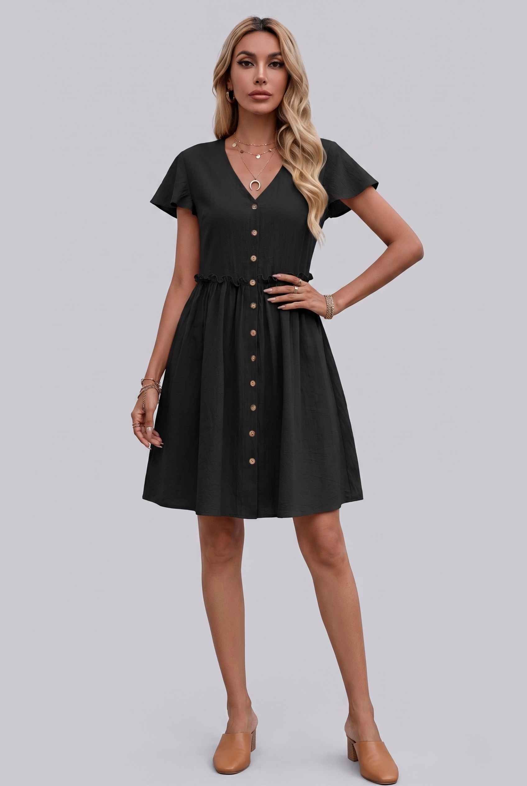 Virtual Model Wearing The Delia Buttoned Mini Flutter Sleeve Ruffled Black Dress