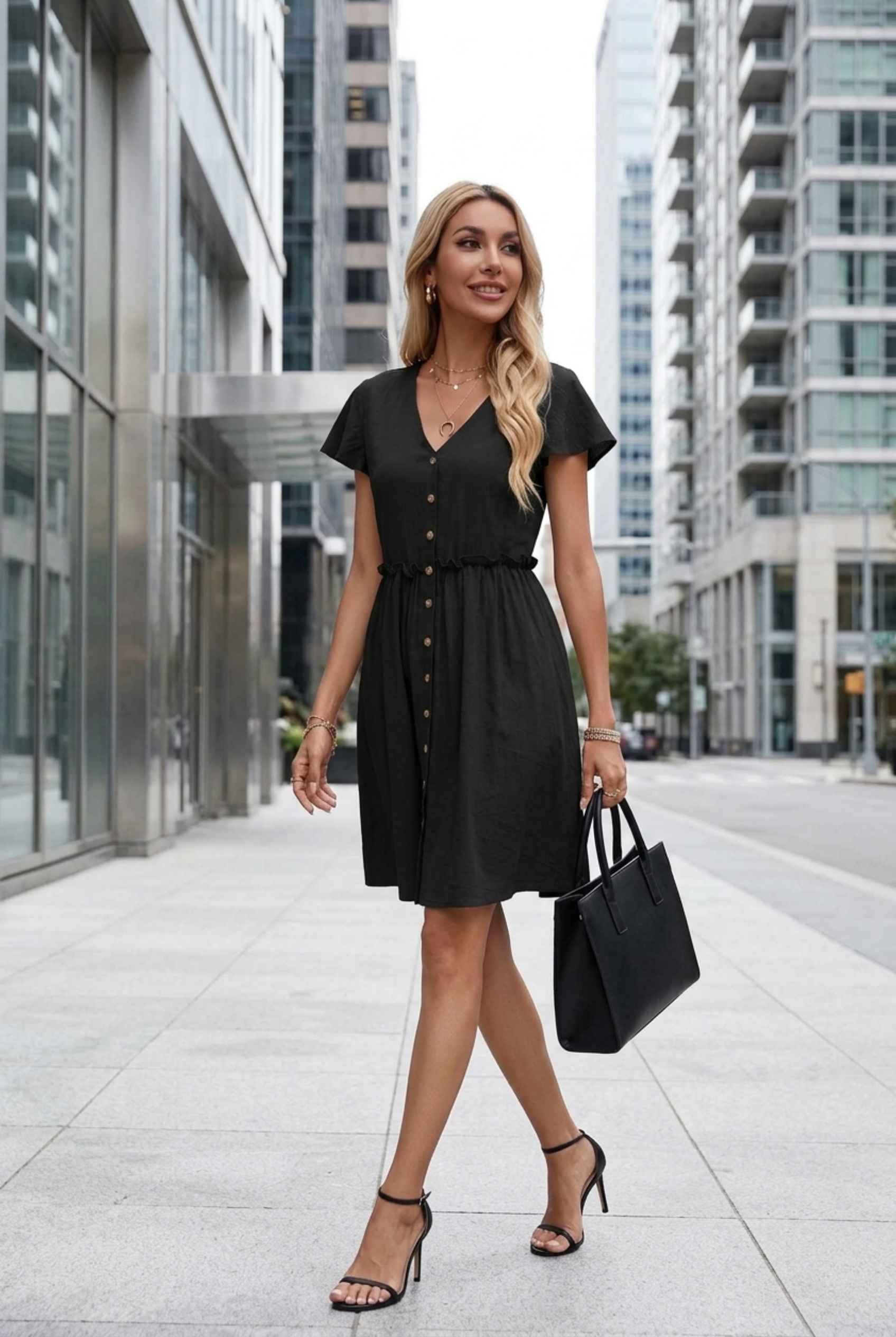 Virtual Model Wearing The Delia Buttoned Mini Flutter Sleeve Ruffled Black Dress
