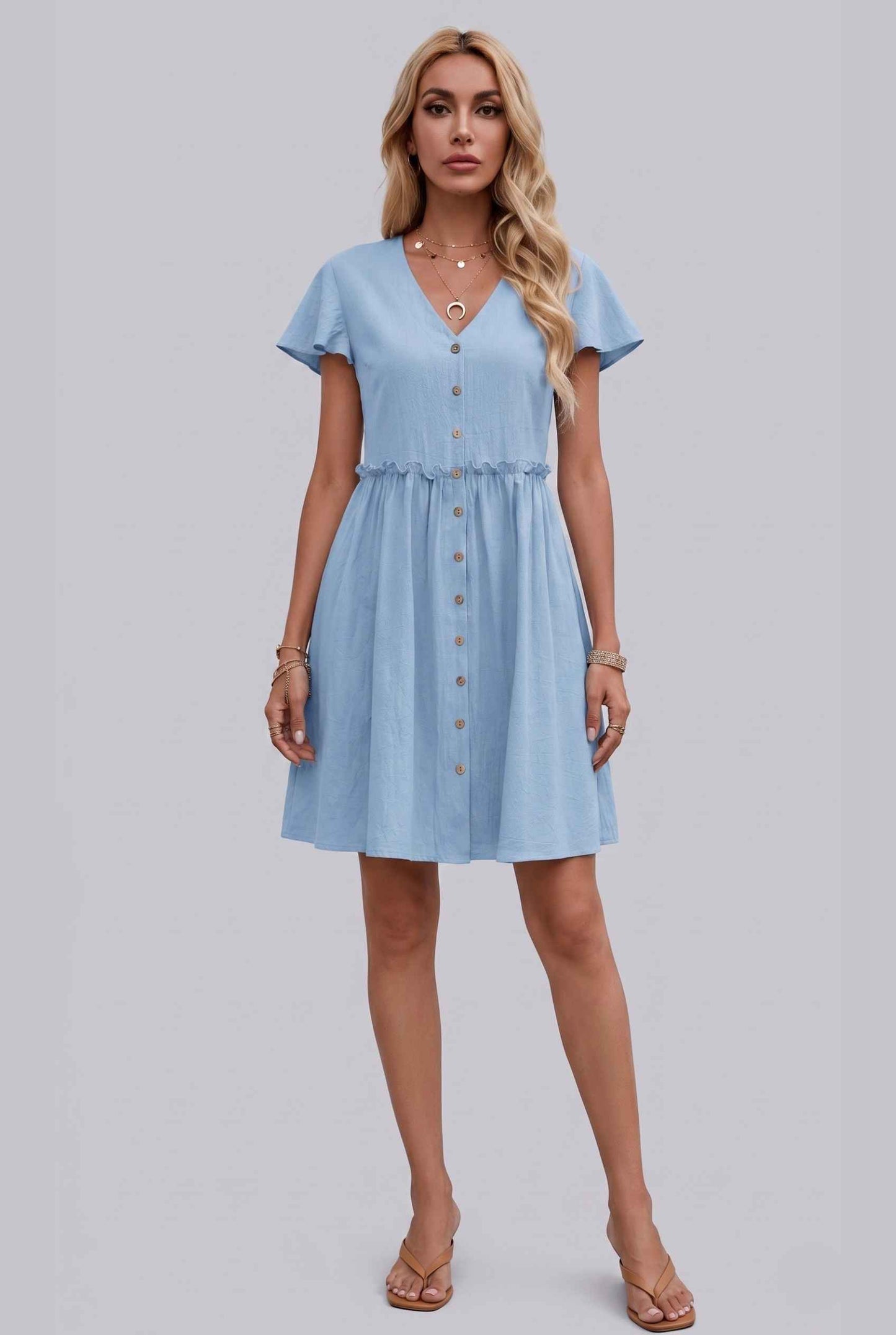 Virtual Model Wearing The Delia Buttoned Mini Flutter Sleeve Ruffled Blue Dress