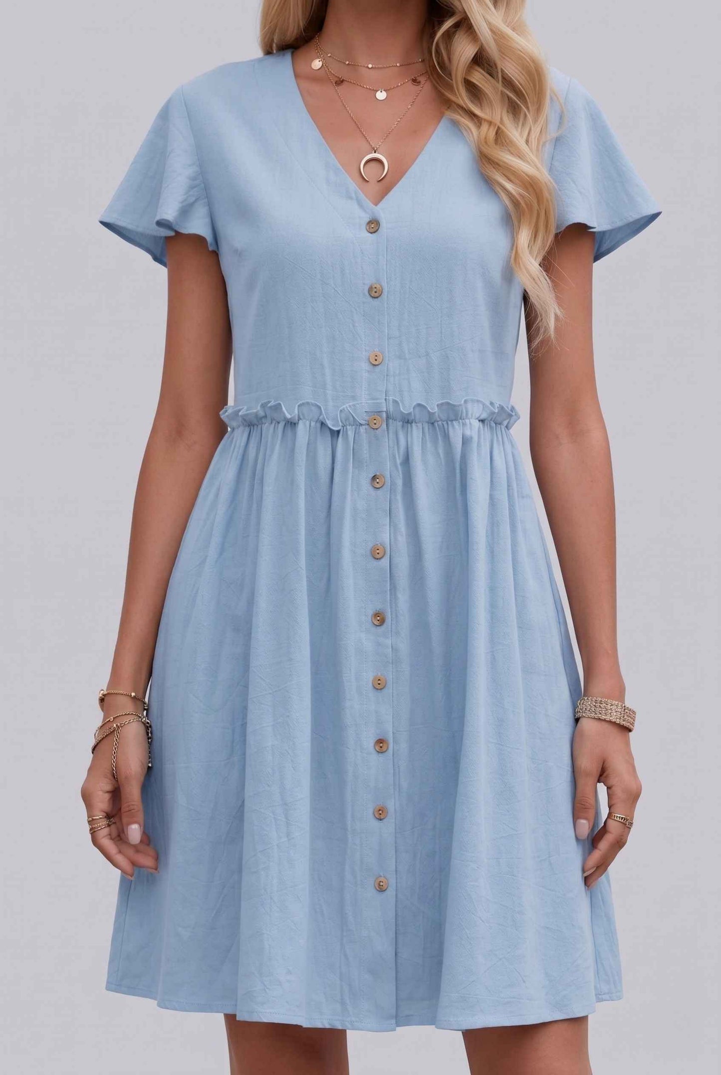 Virtual Model Wearing The Delia Buttoned Mini Flutter Sleeve Ruffled Blue Dress