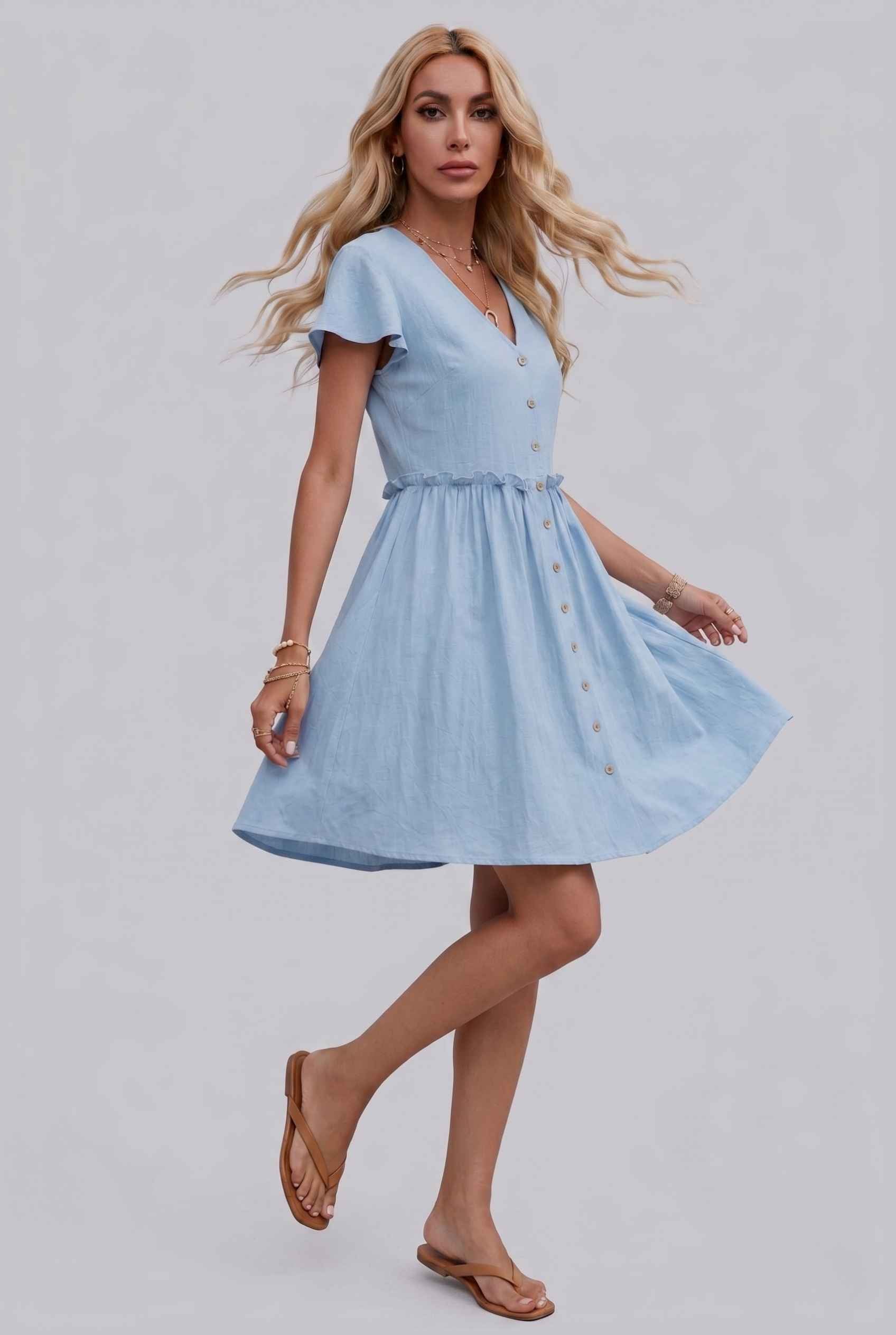 Virtual Model Wearing The Delia Buttoned Mini Flutter Sleeve Ruffled Blue Dress