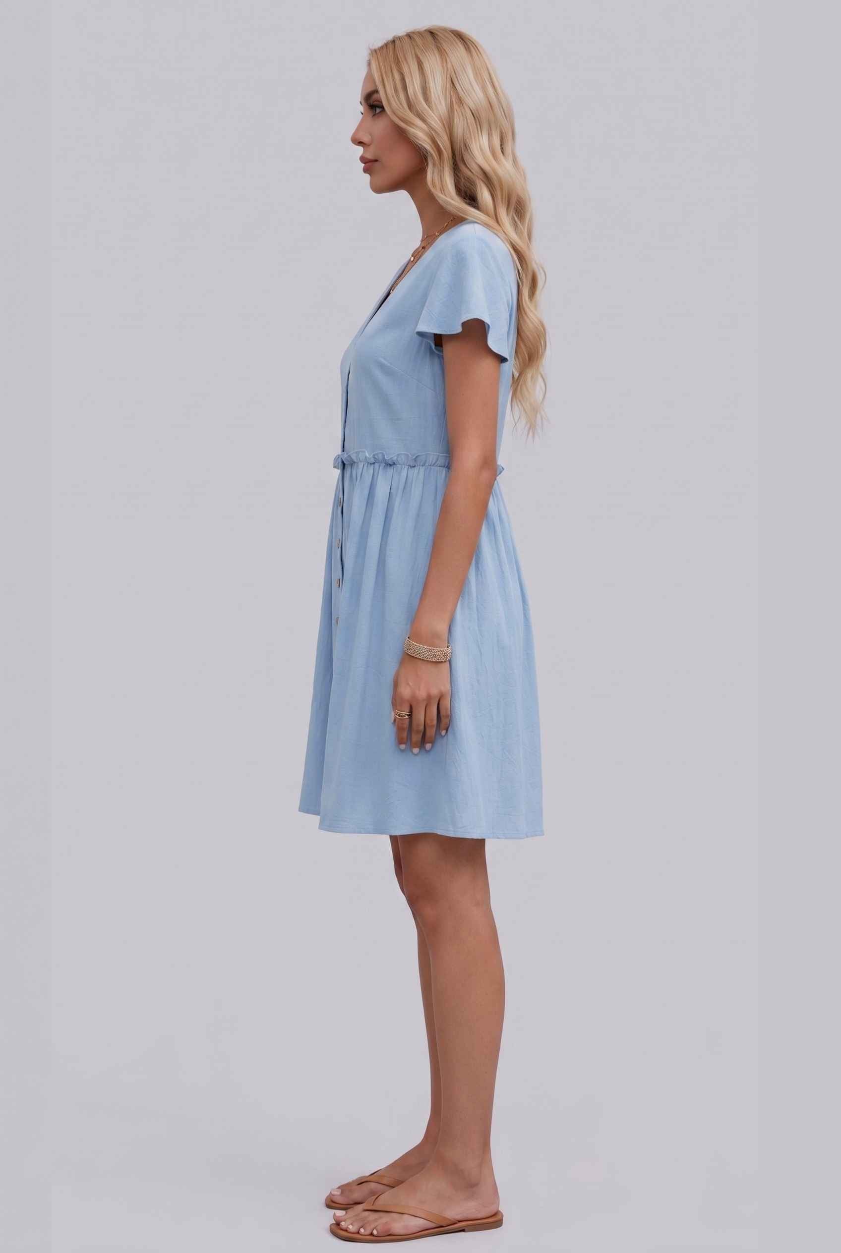 Virtual Model Wearing The Delia Buttoned Mini Flutter Sleeve Ruffled Blue Dress