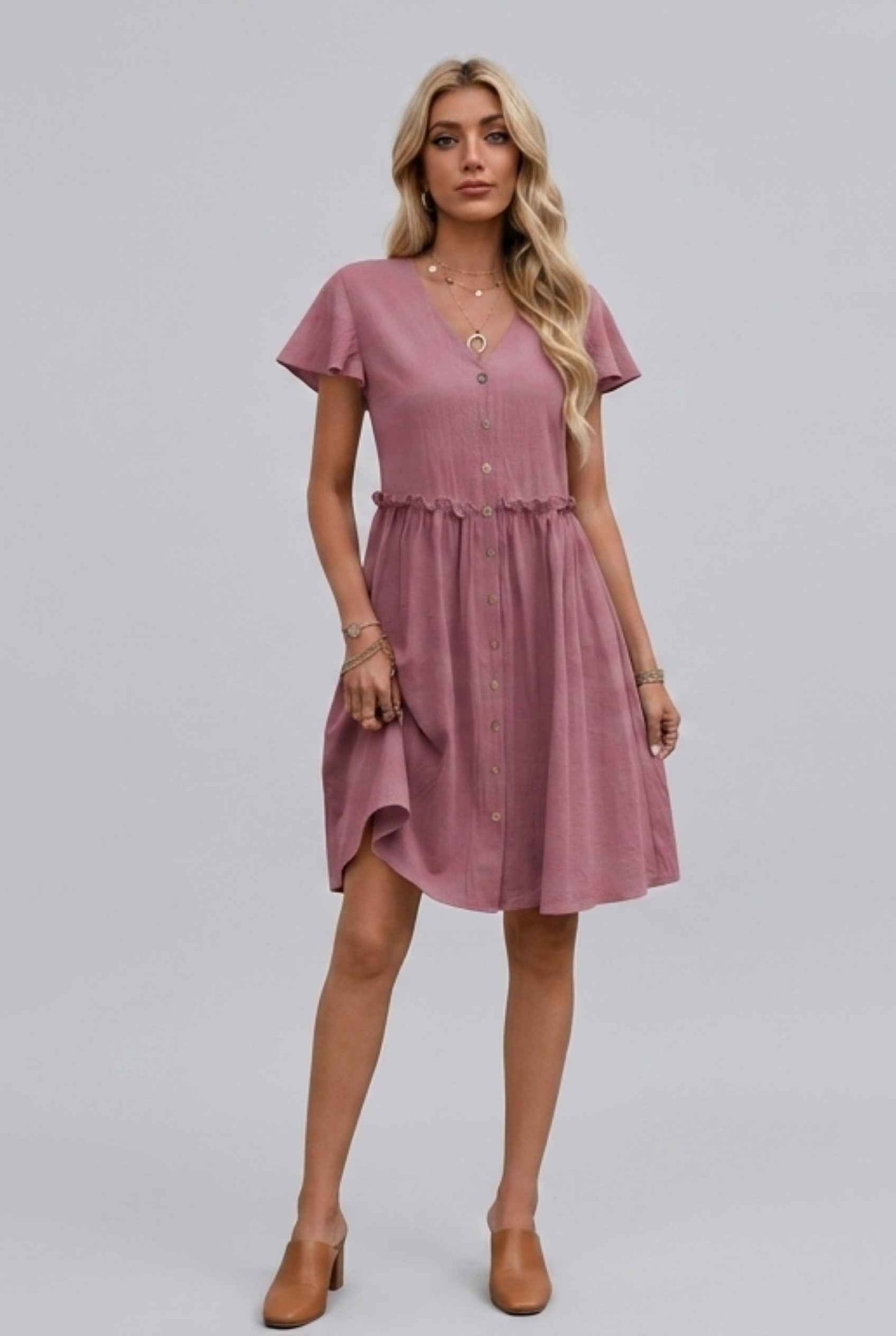 Virtual Model Wearing The Delia Buttoned Mini Flutter Sleeve Ruffled Blush Dress