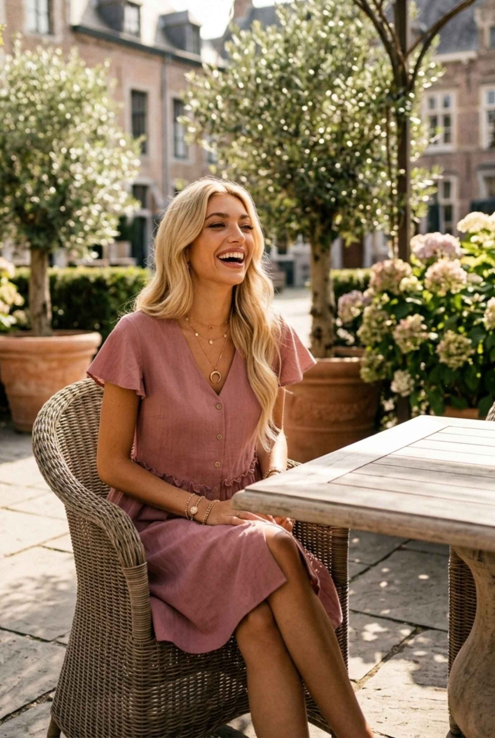 Virtual Model Wearing The Delia Buttoned Mini Flutter Sleeve Ruffled Blush Dress