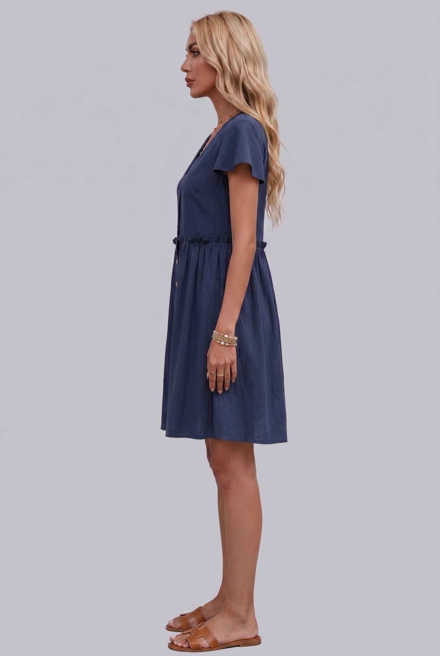 Virtual Model Wearing The Delia Buttoned Mini Flutter Sleeve Ruffled Navy Dress