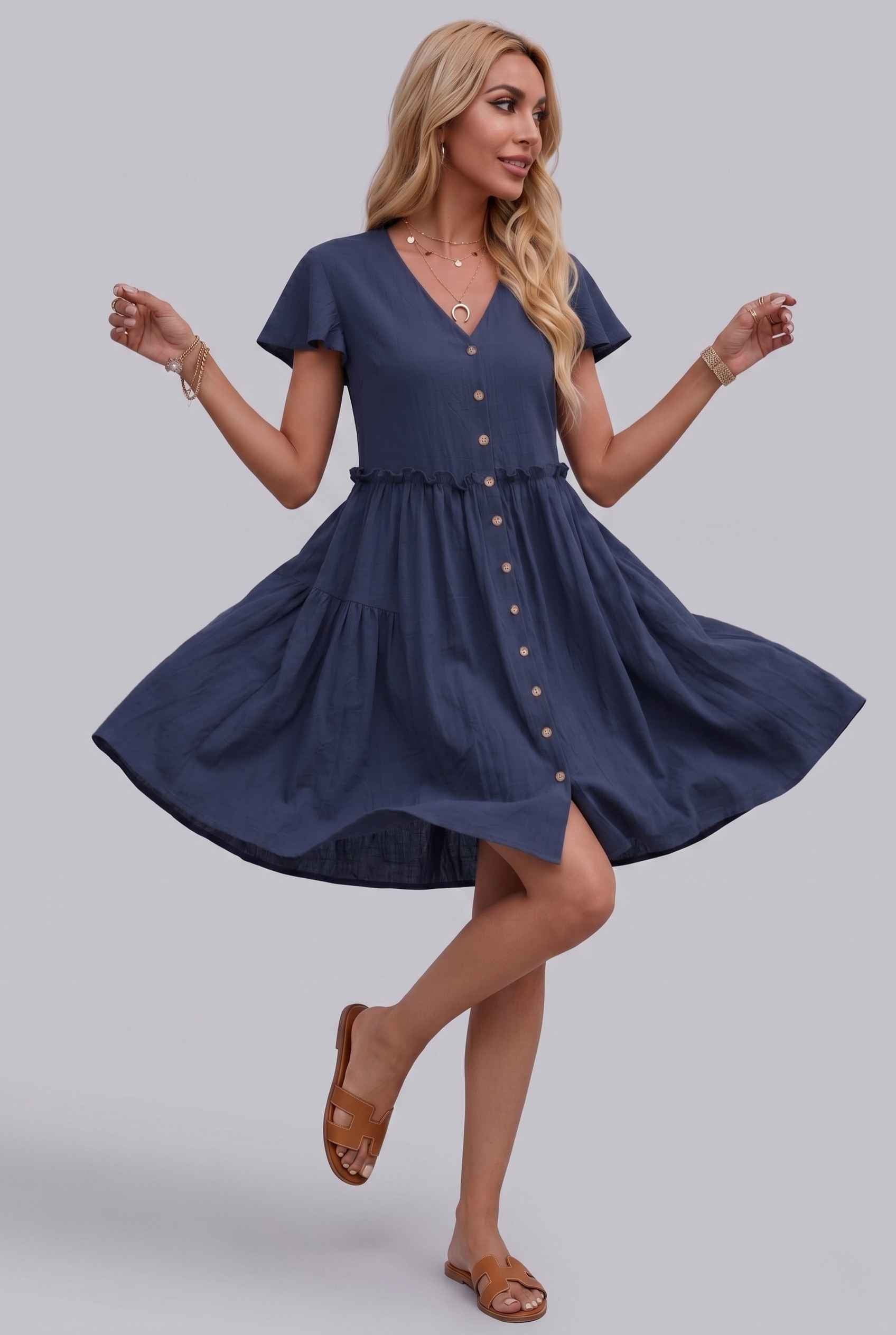 Virtual Model Wearing The Delia Buttoned Mini Flutter Sleeve Ruffled Navy Dress