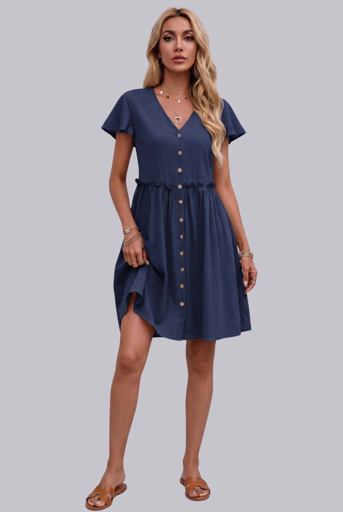 Virtual Model Wearing The Delia Buttoned Mini Flutter Sleeve Ruffled Navy Dress