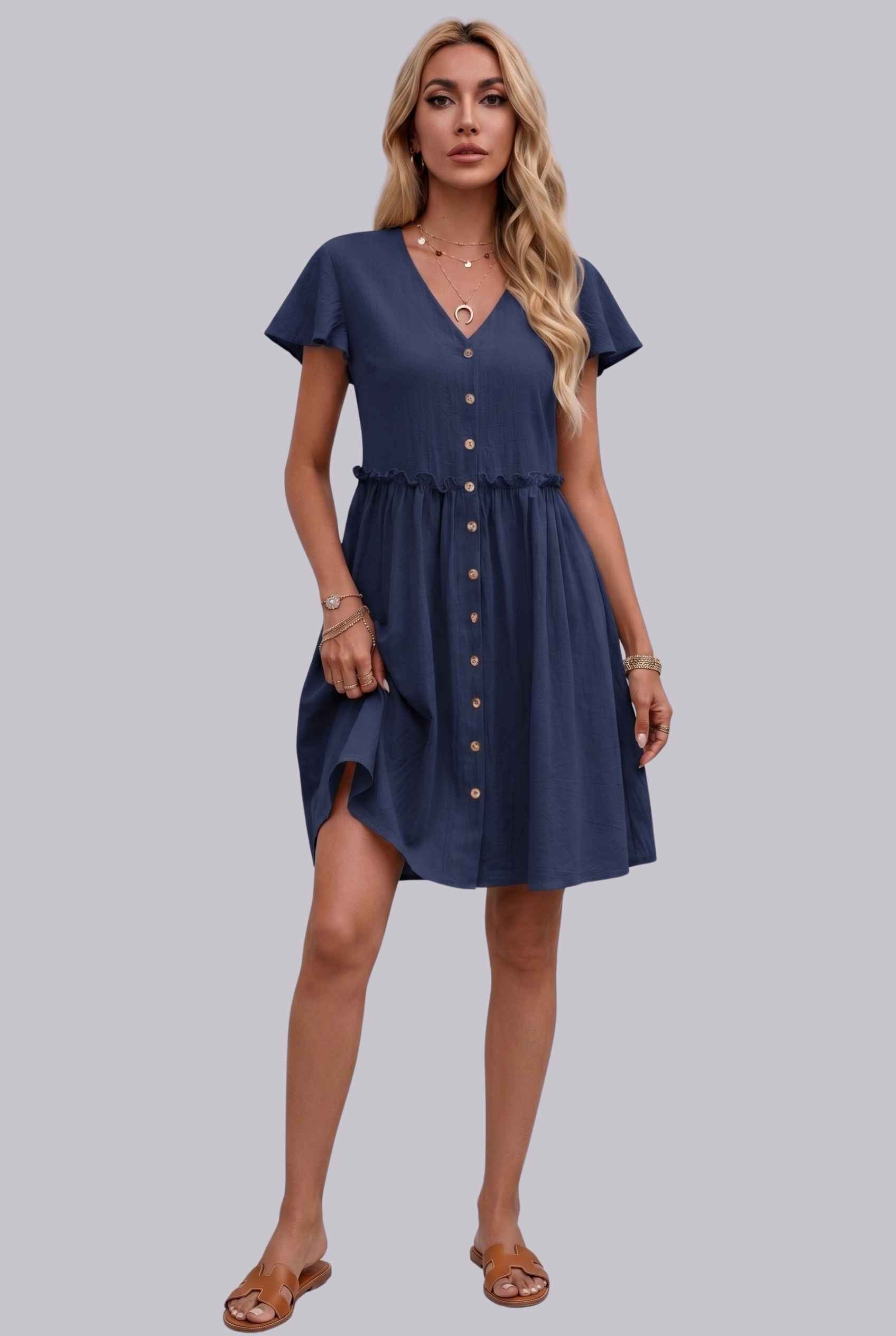 Virtual Model Wearing The Delia Buttoned Mini Flutter Sleeve Ruffled Navy Dress