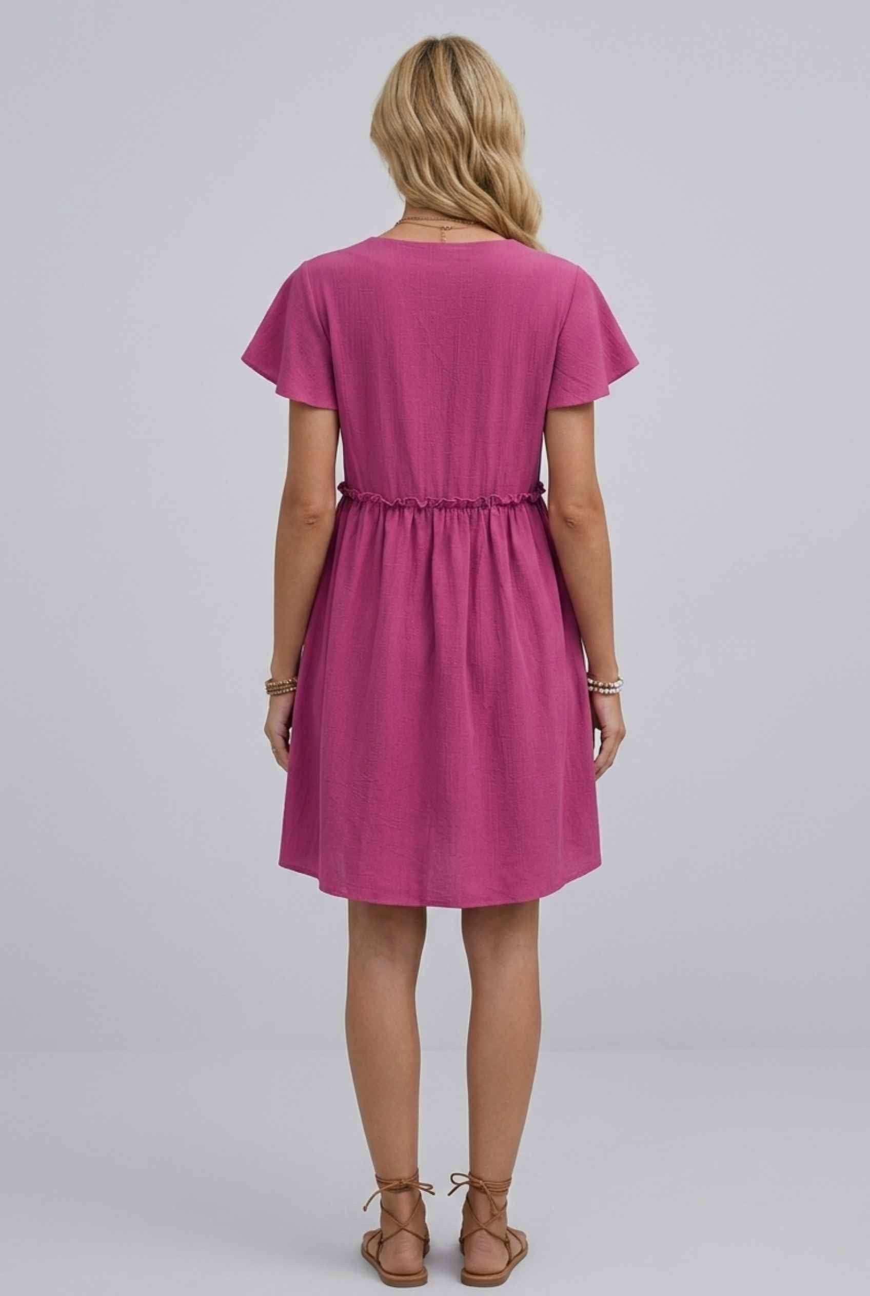 Virtual Model Wearing The Delia Buttoned Mini Flutter Sleeve Ruffled Pink Dress