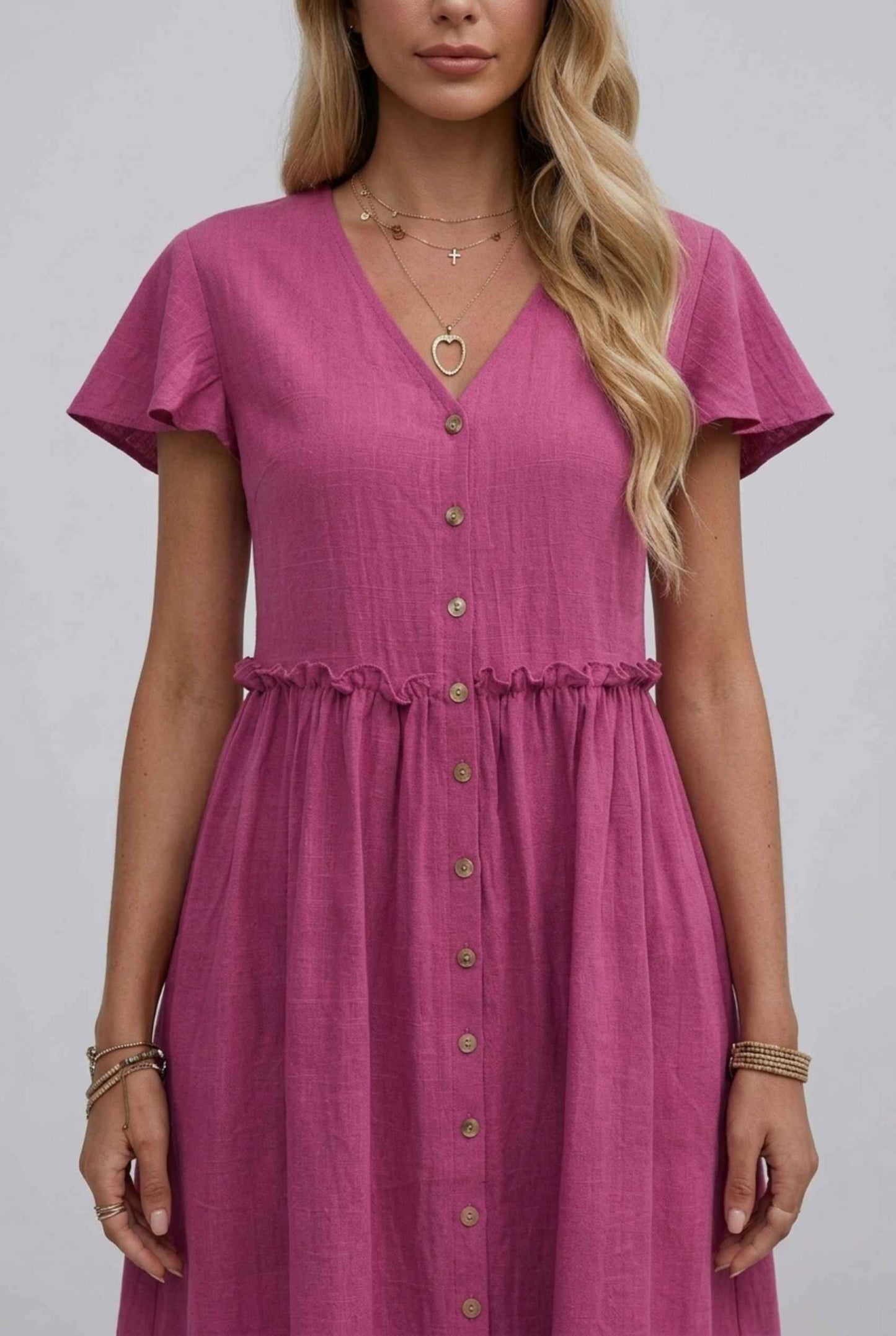 Virtual Model Wearing The Delia Buttoned Mini Flutter Sleeve Ruffled Pink Dress
