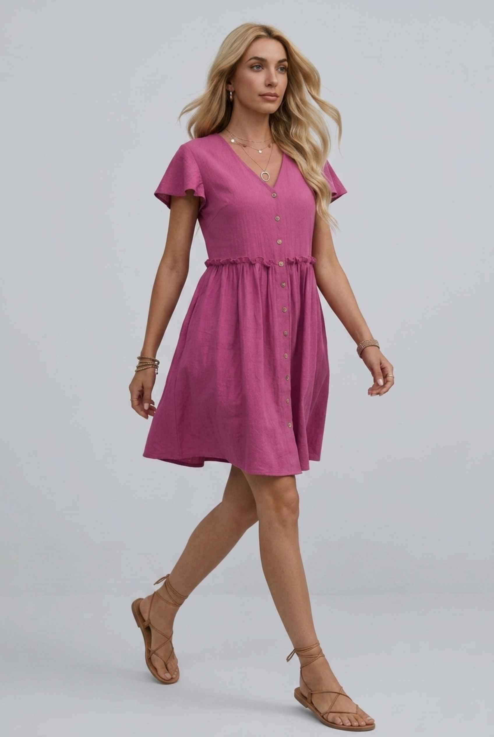 Virtual Model Wearing The Delia Buttoned Mini Flutter Sleeve Ruffled Pink Dress