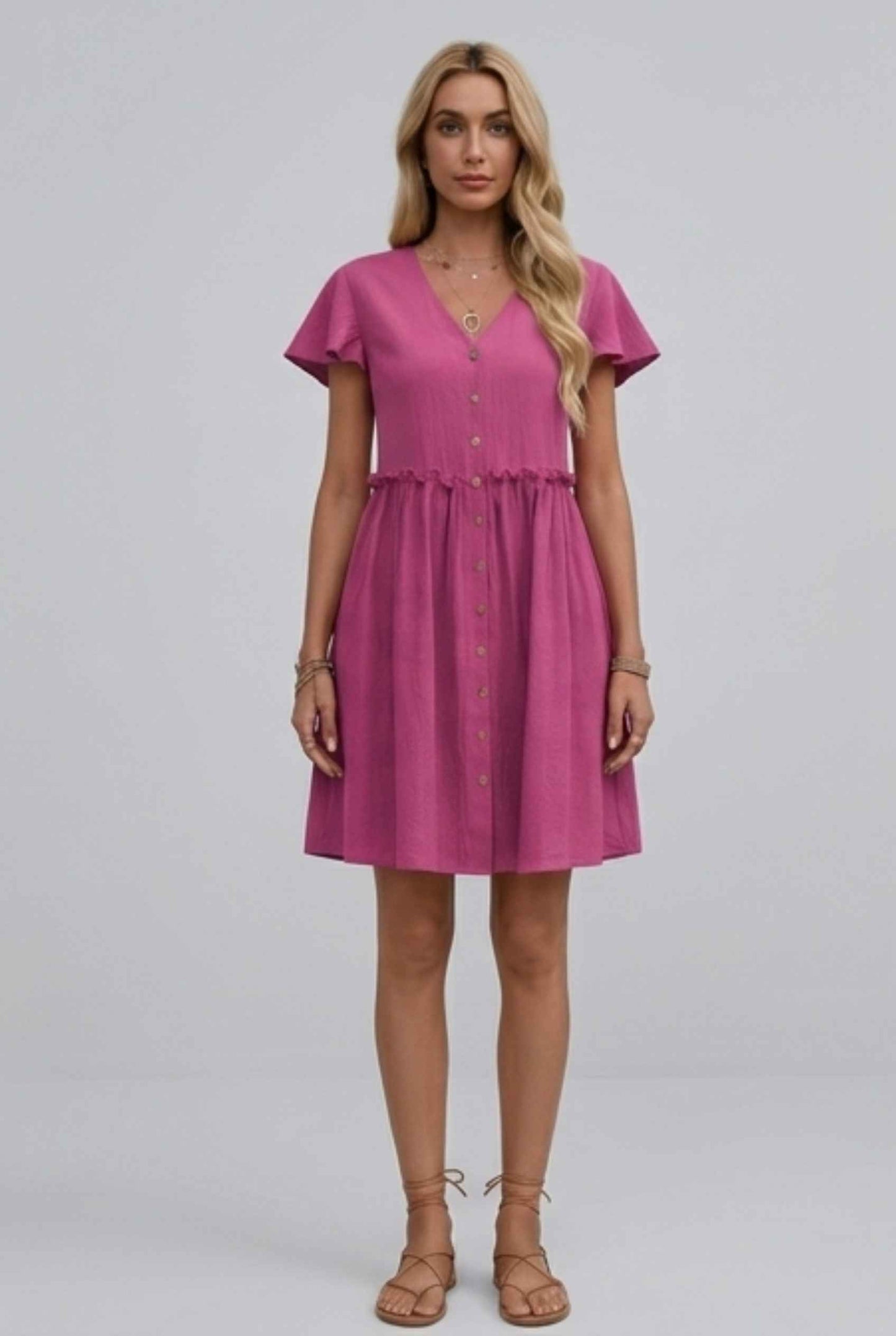 Virtual Model Wearing The Delia Buttoned Mini Flutter Sleeve Ruffled Pink Dress