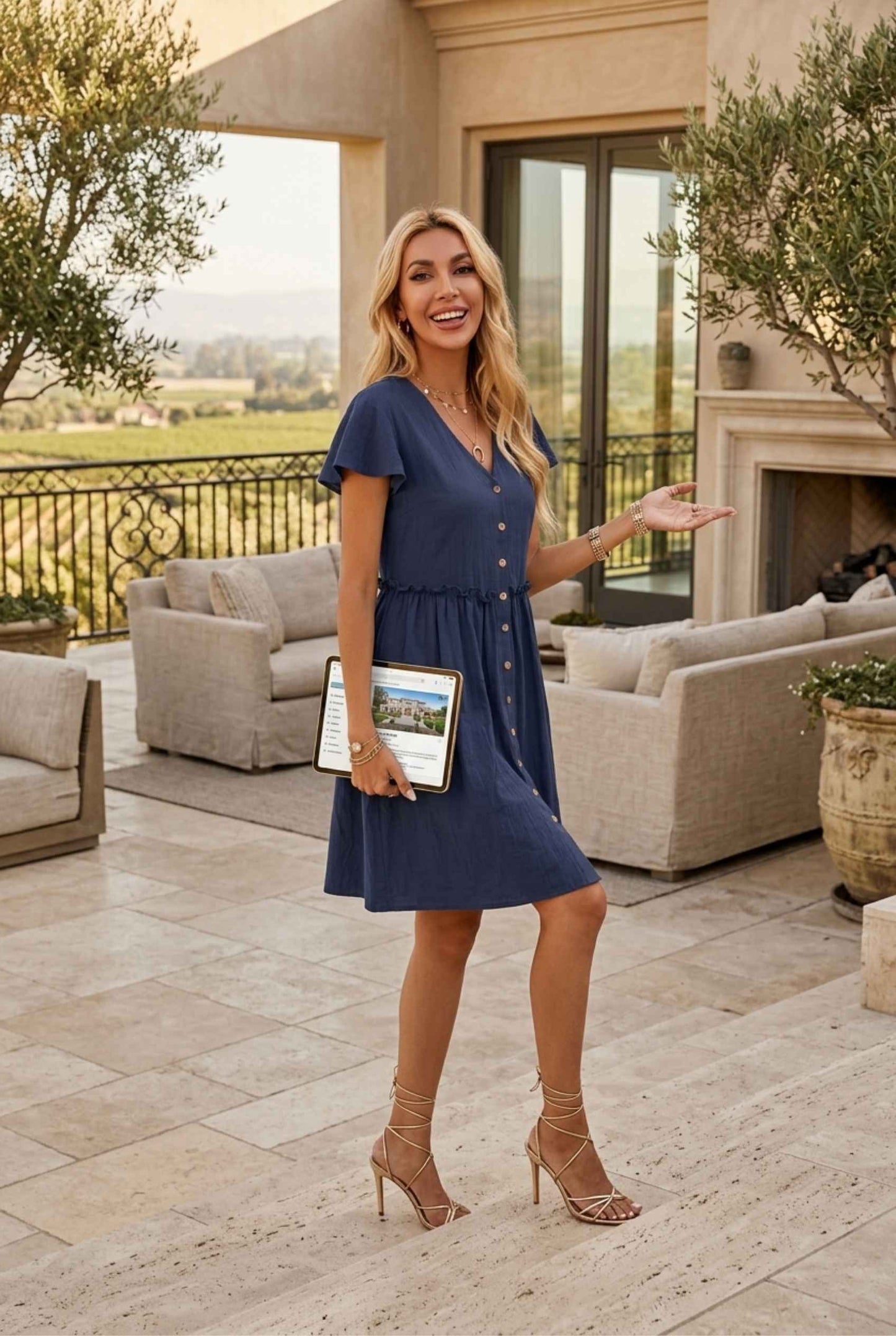 Virtual Model Wearing The Delia Buttoned Mini Flutter Sleeve Ruffled Navy Dress