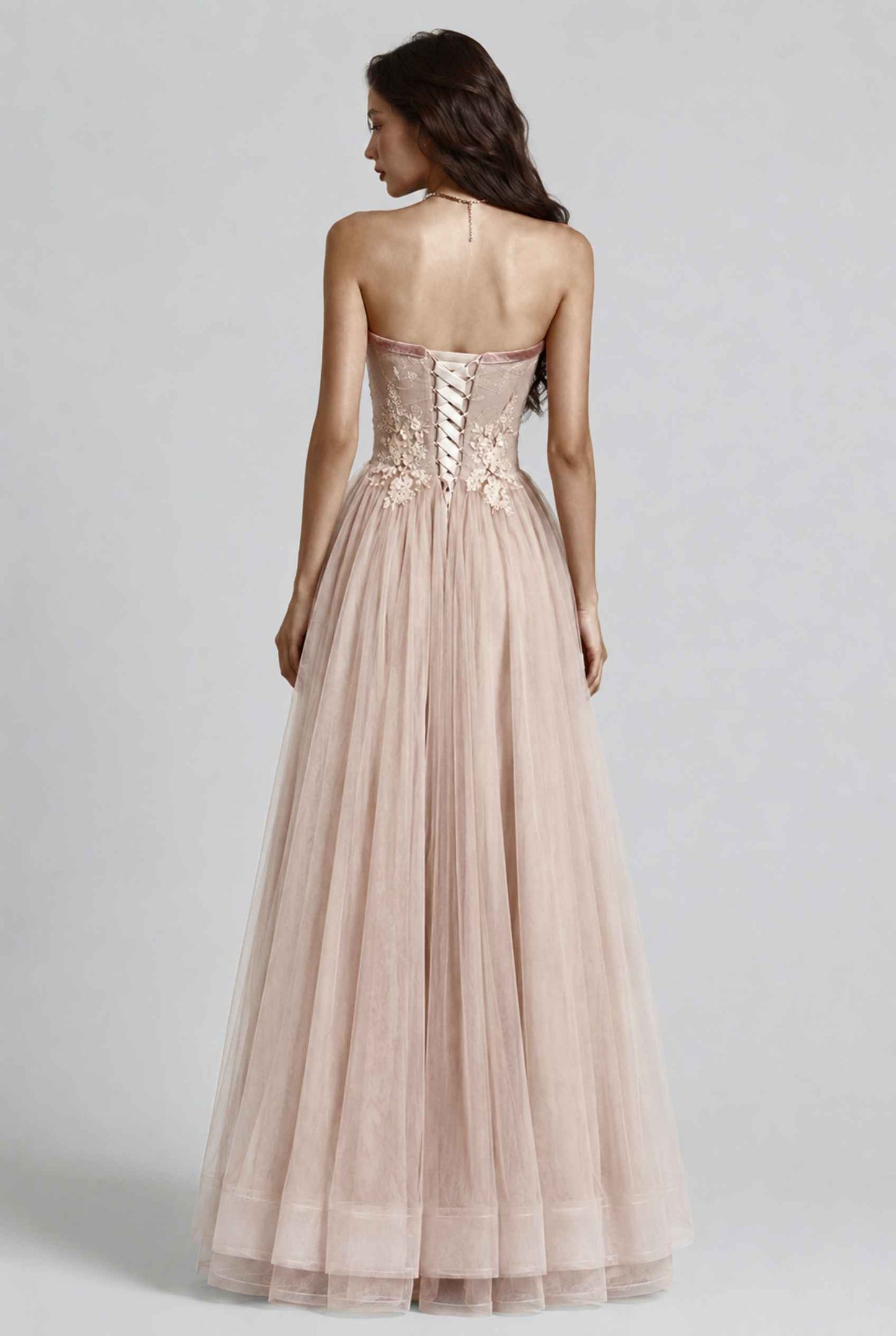 Virtual model wearing The Delphina Tulle Dress Lace Strapless Tulle Gown in Blush
