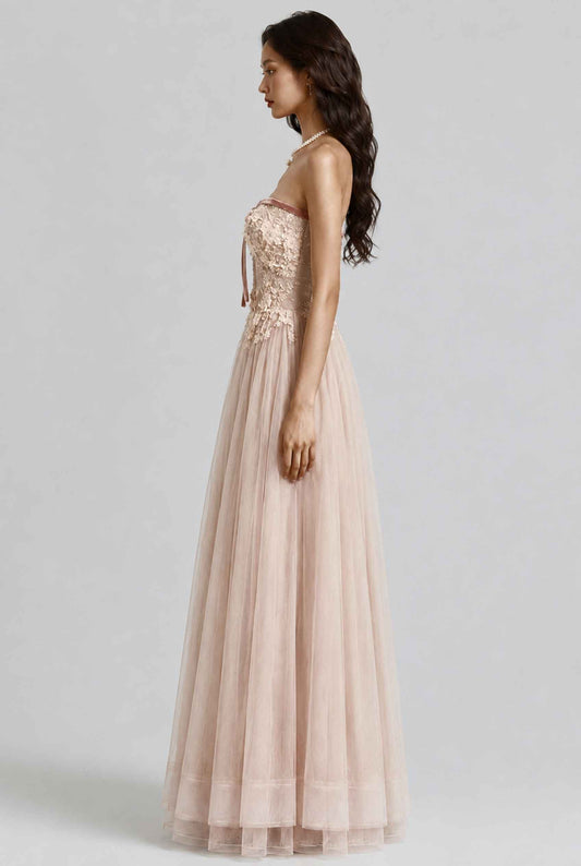 Virtual model wearing The Delphina Tulle Dress Lace Strapless Tulle Gown in Blush