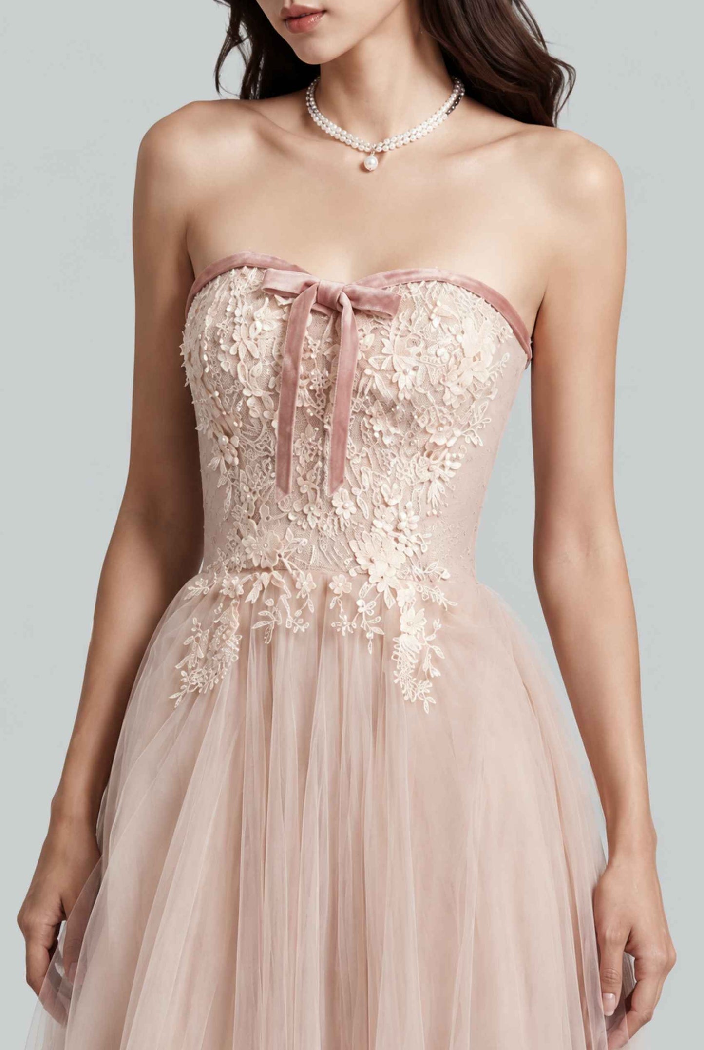 Virtual model wearing The Delphina Tulle Dress Lace Strapless Tulle Gown in Blush