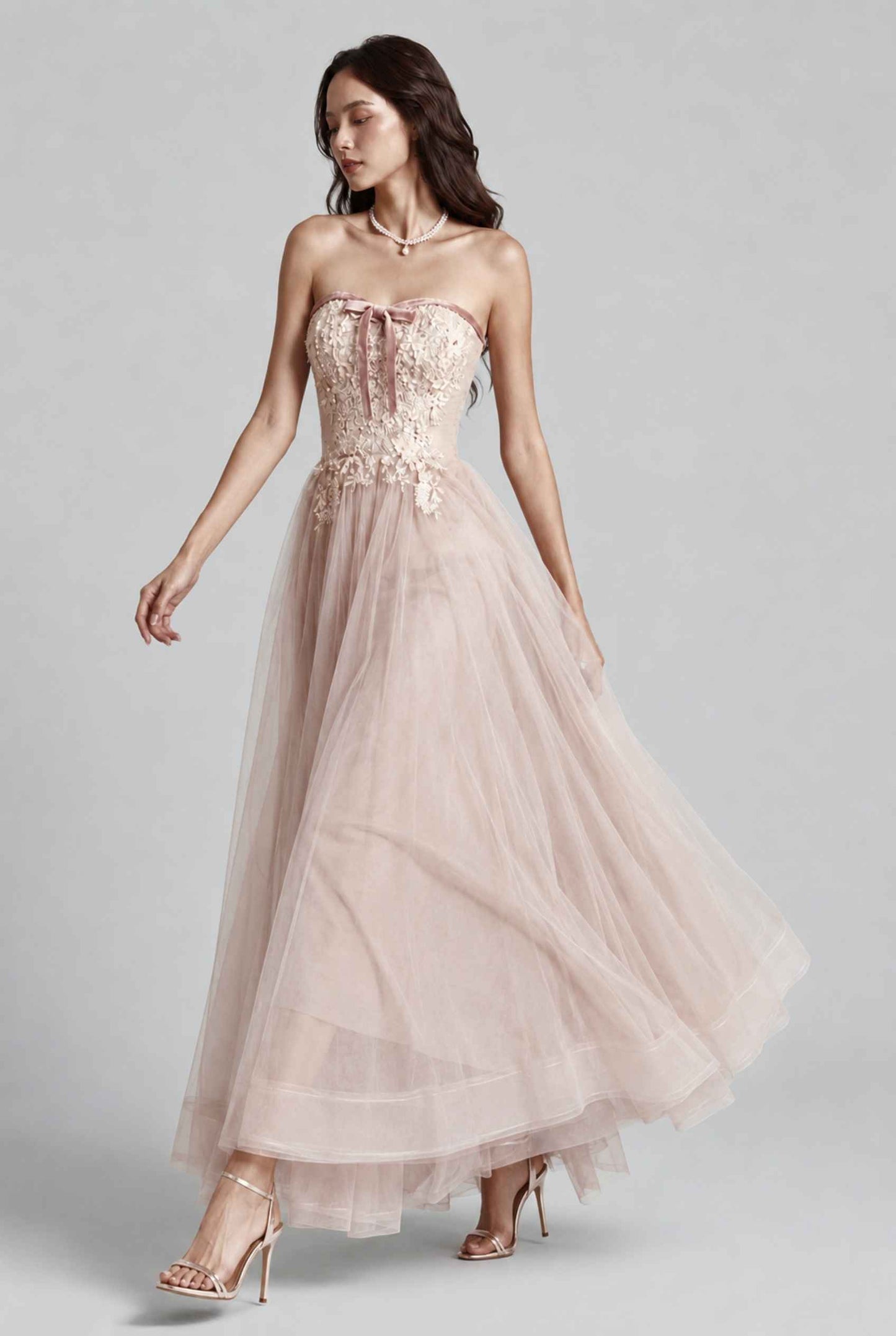 Virtual model wearing The Delphina Tulle Dress Lace Strapless Tulle Gown in Blush