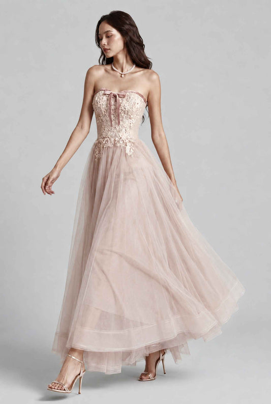 Virtual model wearing The Delphina Tulle Dress Lace Strapless Tulle Gown in Blush