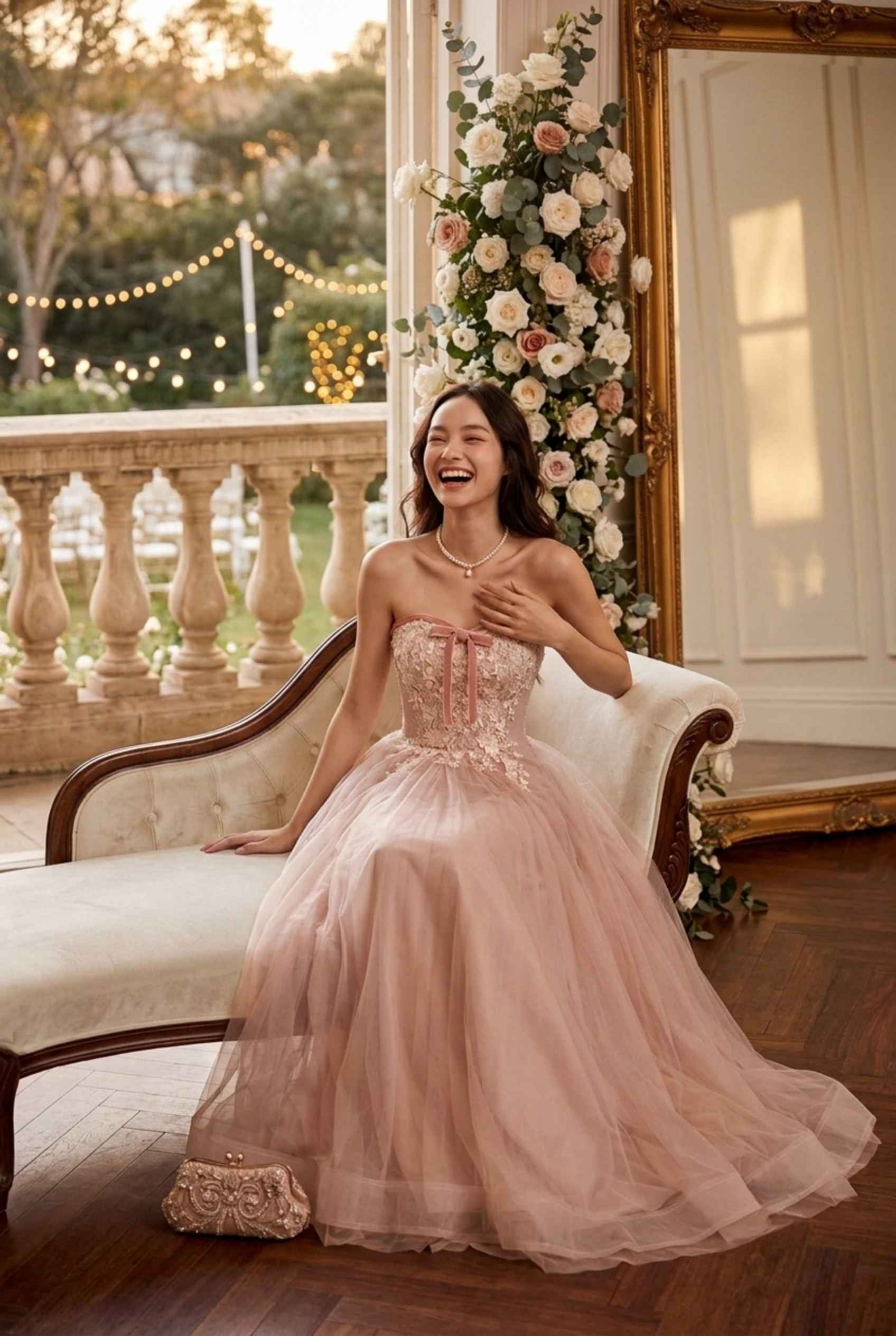 Virtual model wearing The Delphina Tulle Dress Lace Strapless Tulle Gown in Blush