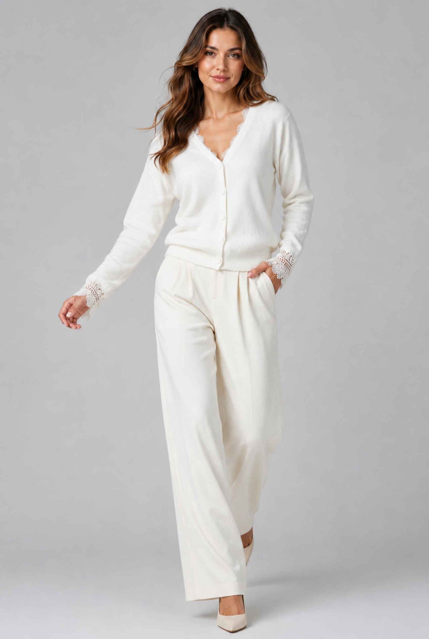 Virtual Model wearing The Eira Lace Trim Cardigan Brushed Knit Ivory V-Neck Cardigan