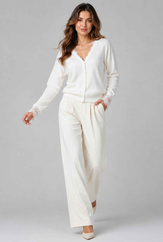 Virtual Model wearing The Eira Lace Trim Cardigan Brushed Knit Ivory V-Neck Cardigan