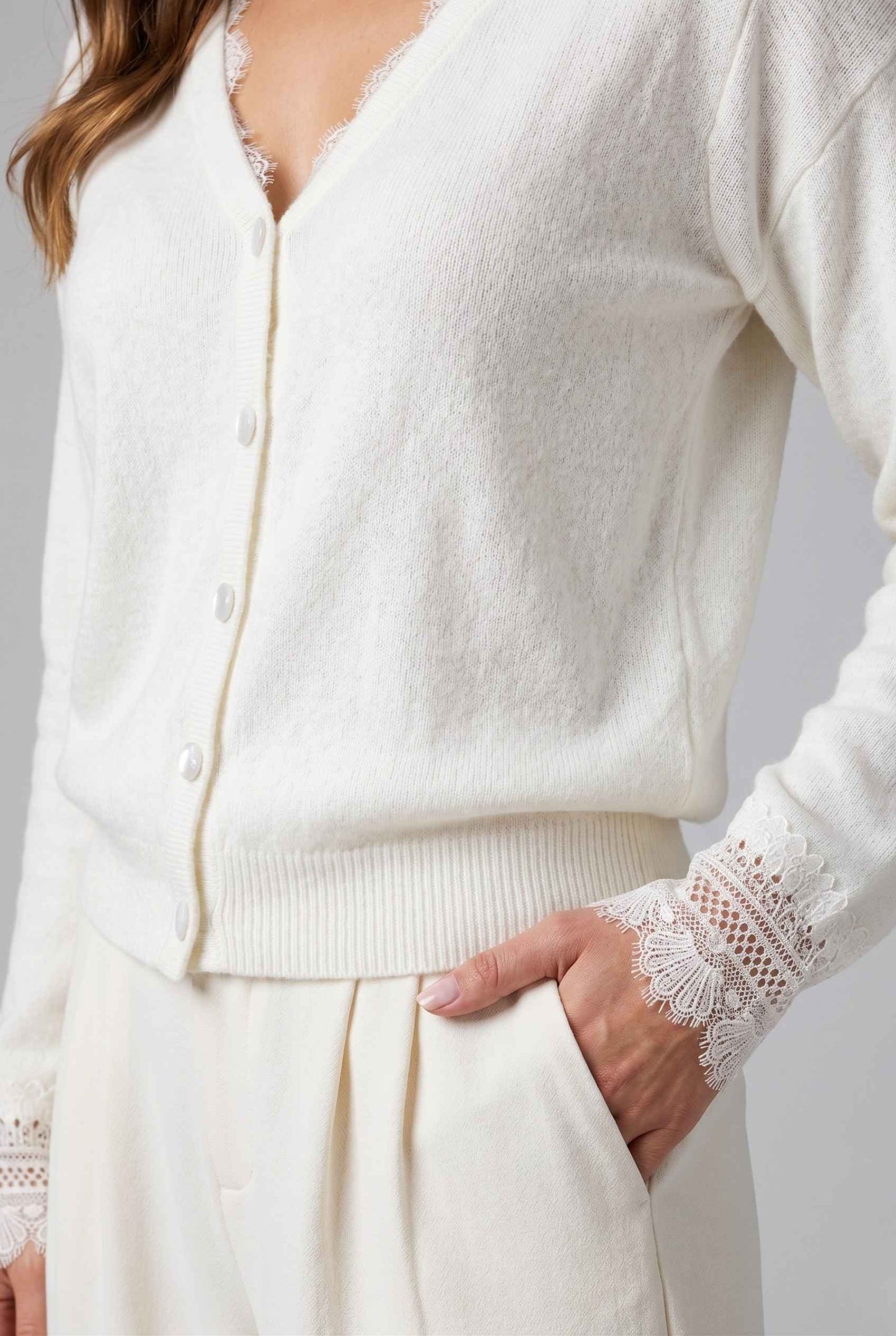 Virtual Model wearing The Eira Lace Trim Cardigan Brushed Knit Ivory V-Neck Cardigan