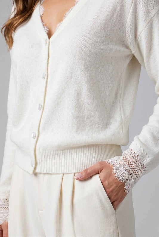 Virtual Model wearing The Eira Lace Trim Cardigan Brushed Knit Ivory V-Neck Cardigan