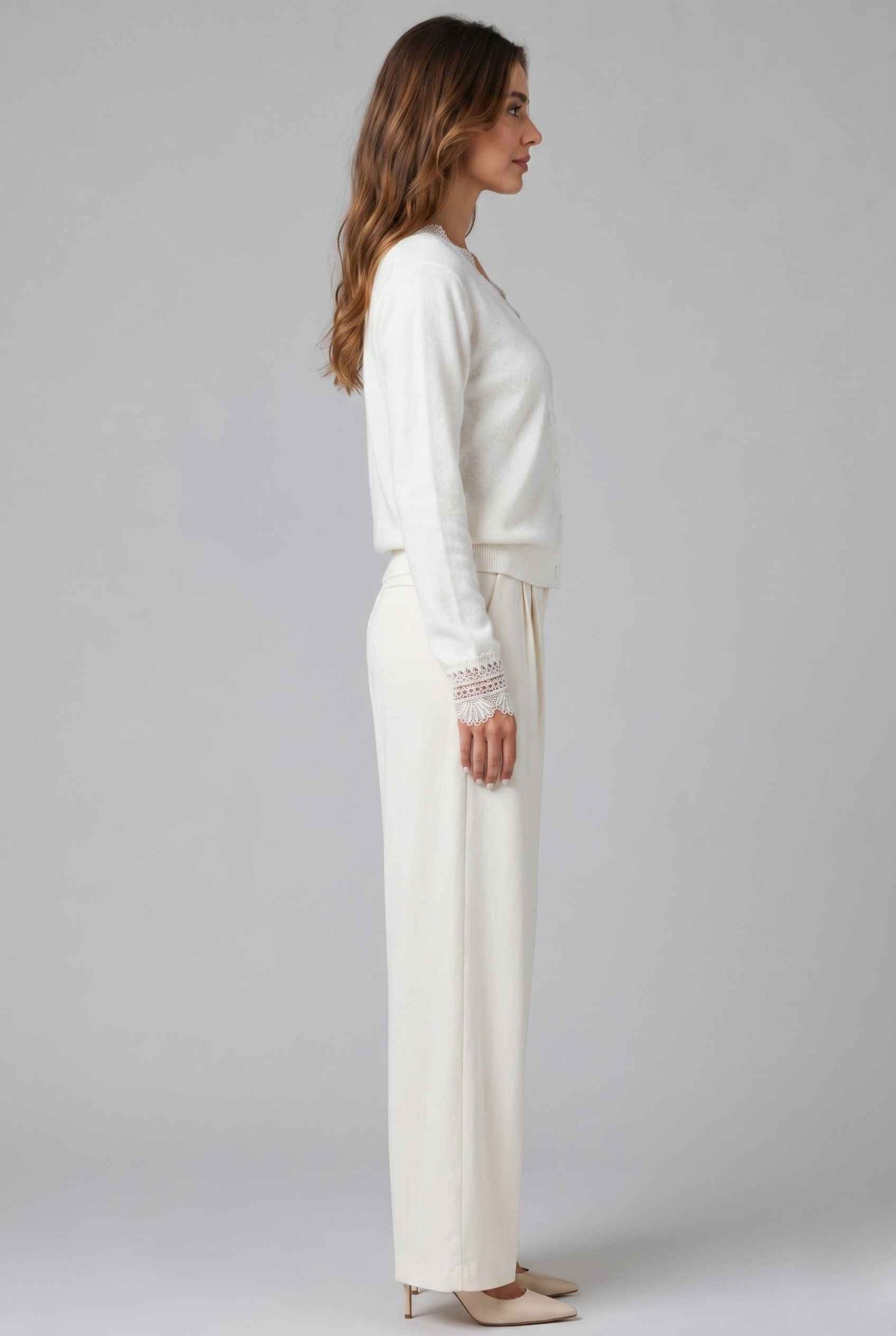 Virtual Model wearing The Eira Lace Trim Cardigan Brushed Knit Ivory V-Neck Cardigan