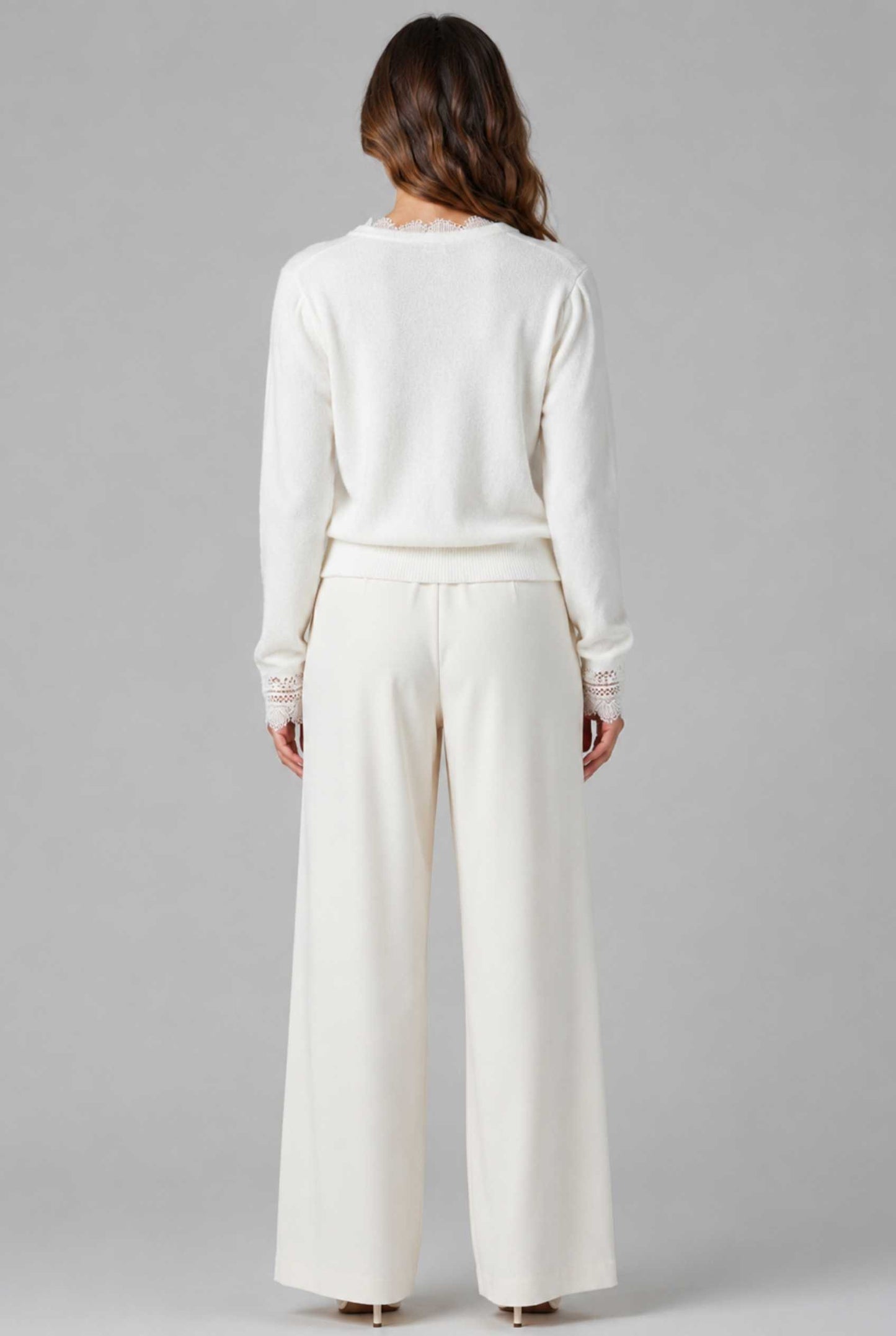 Virtual Model wearing The Eira Lace Trim Cardigan Brushed Knit Ivory V-Neck Cardigan
