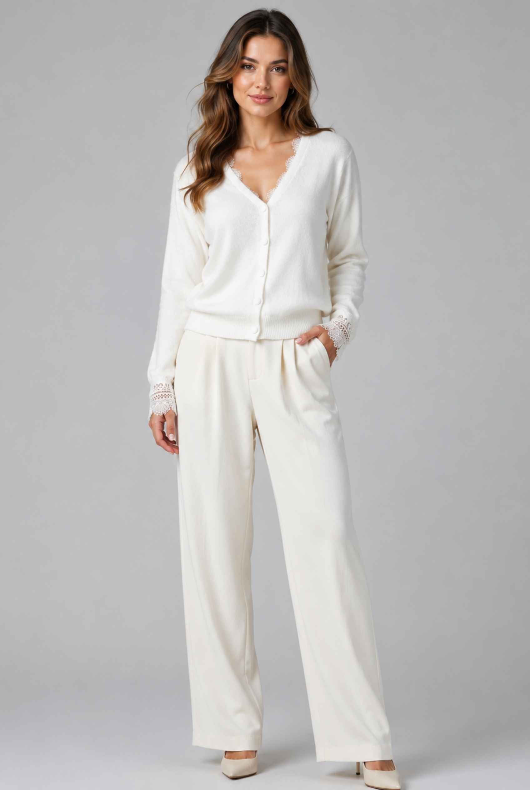 Virtual Model wearing The Eira Lace Trim Cardigan Brushed Knit Ivory V-Neck Cardigan