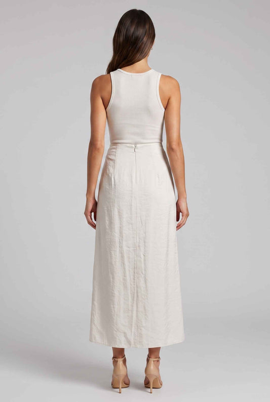 Virtual Model wearing The Elara Twist-Front Skirt Light Gray Textured Gathered Midi Skirt