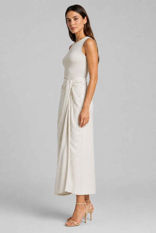 Virtual Model wearing The Elara Twist-Front Skirt Light Gray Textured Gathered Midi Skirt