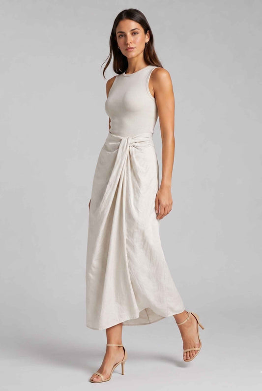 Virtual Model wearing The Elara Twist-Front Skirt Light Gray Textured Gathered Midi Skirt