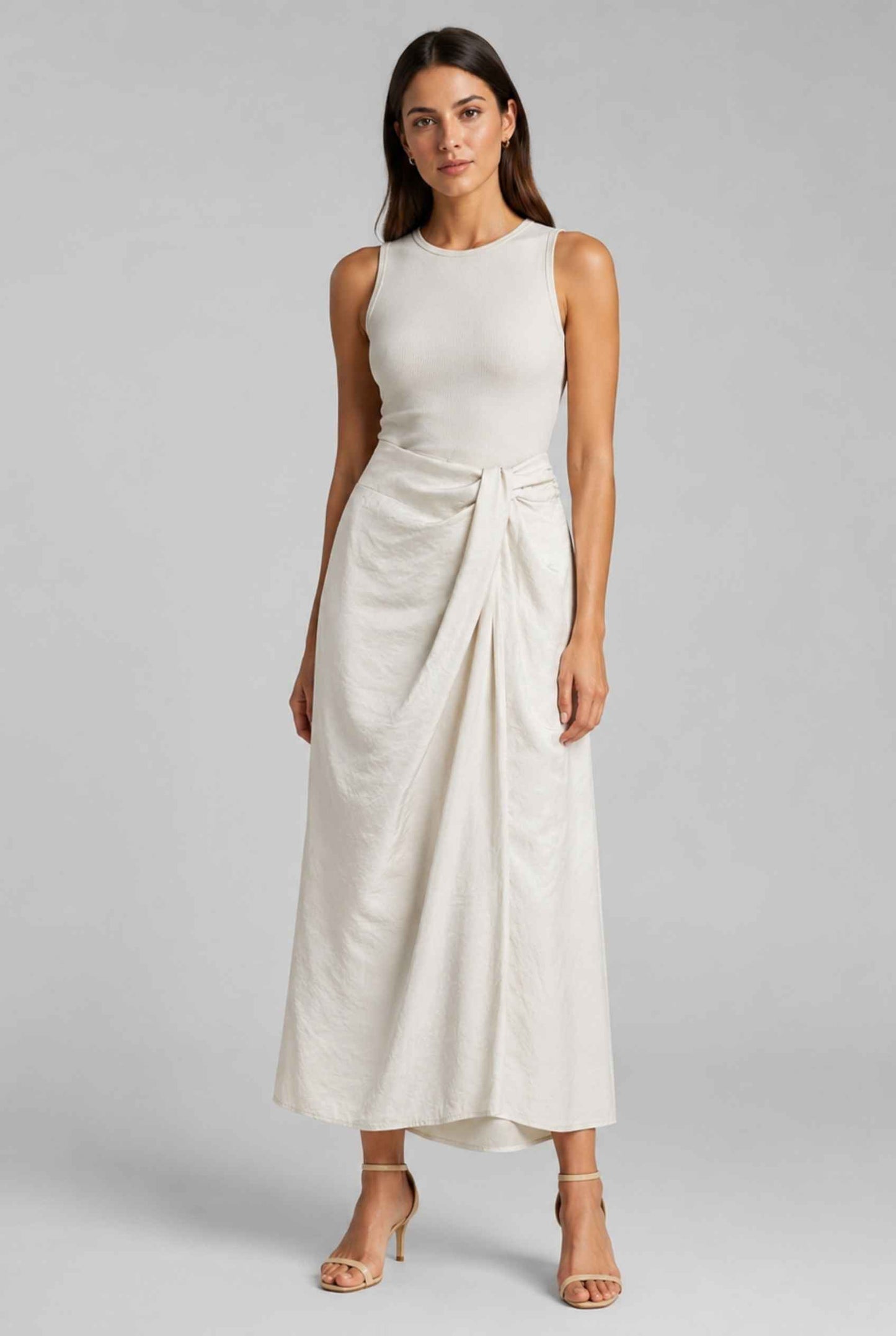 Virtual Model wearing The Elara Twist-Front Skirt Light Gray Textured Gathered Midi Skirt