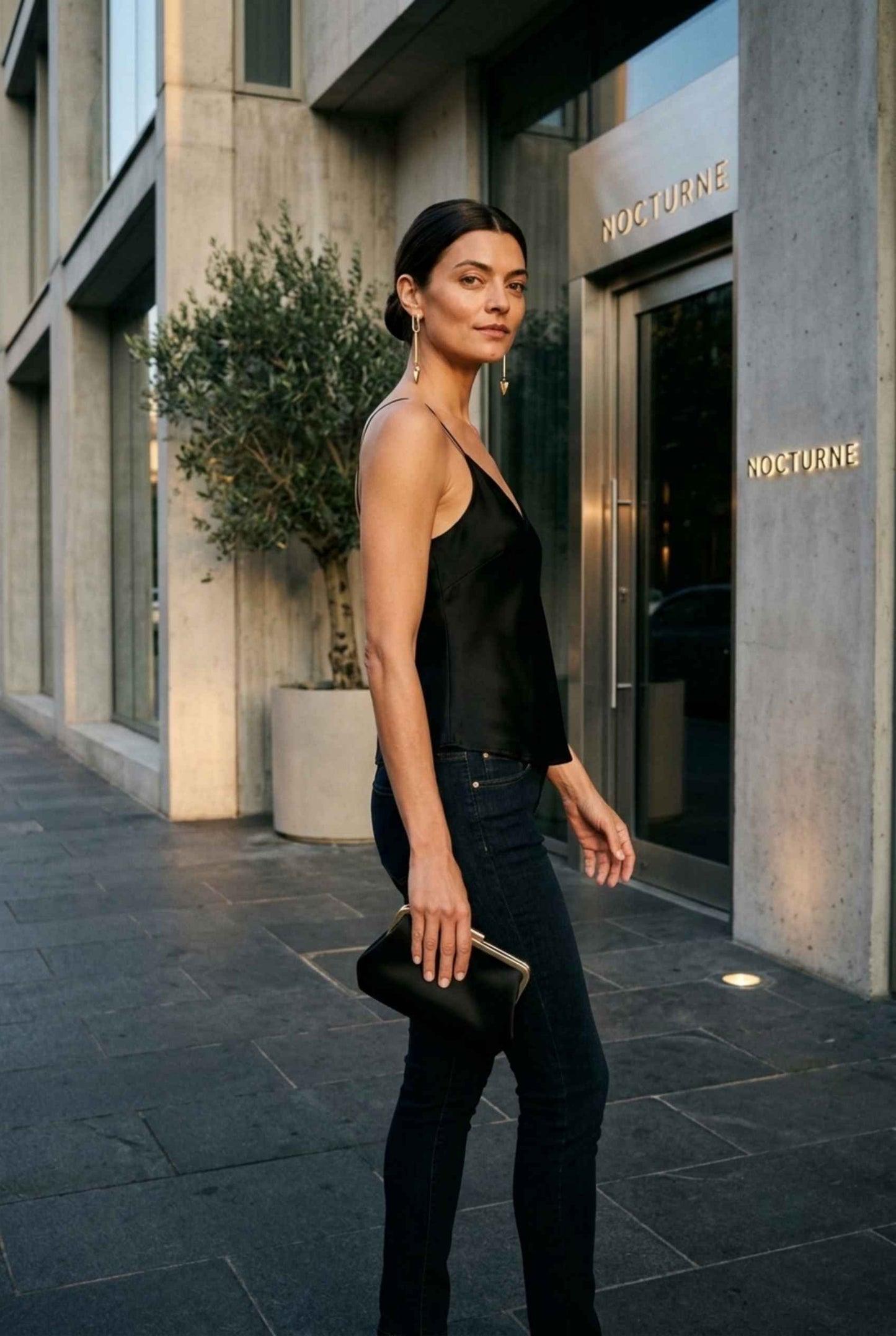 Virtual Model wearing The Elena Satin Camisole V-Neck Liquid Satin Black Tank Top