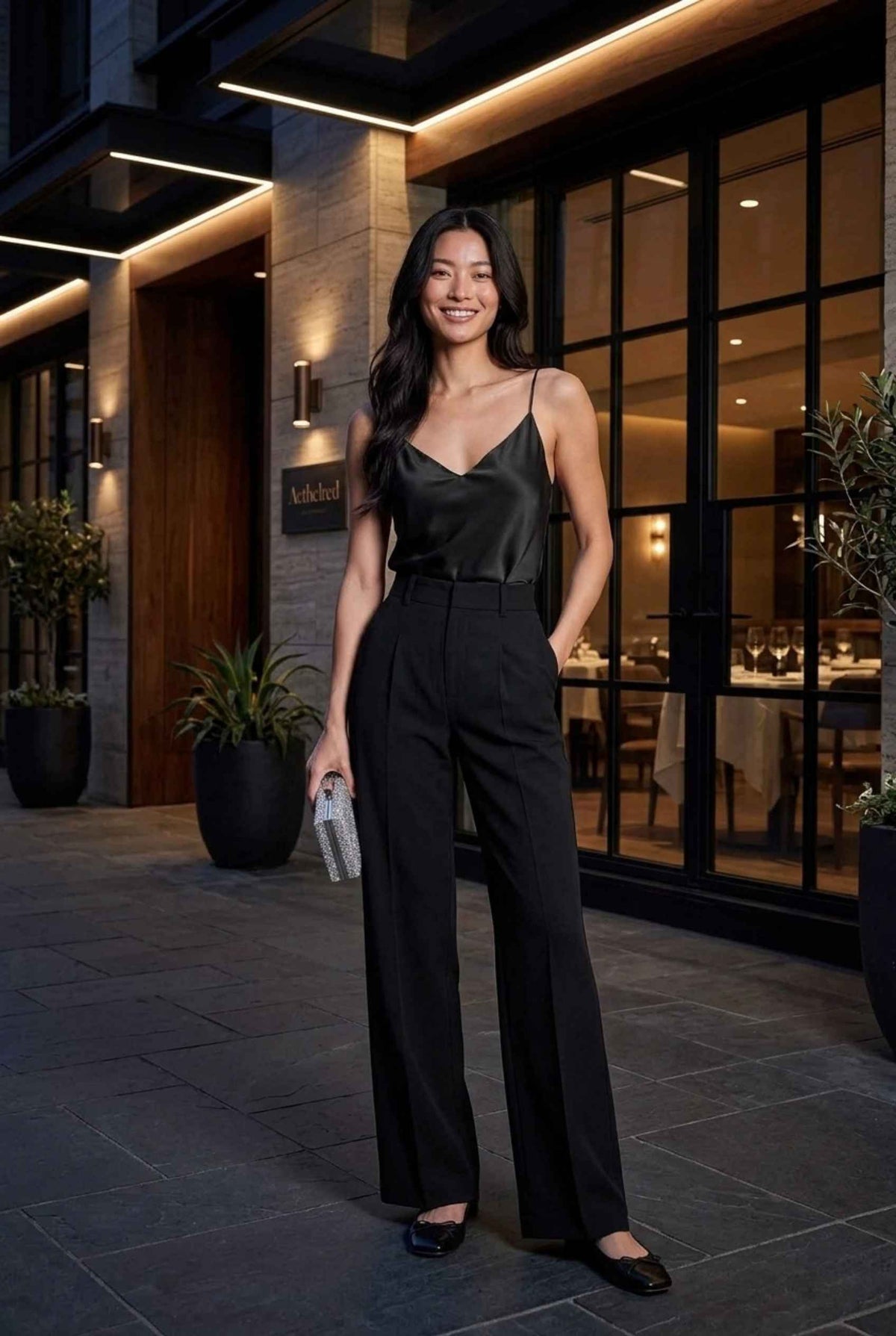 Virtual model wearing The Elena Satin Camisole V-Neck Liquid Satin Tank Top in Black